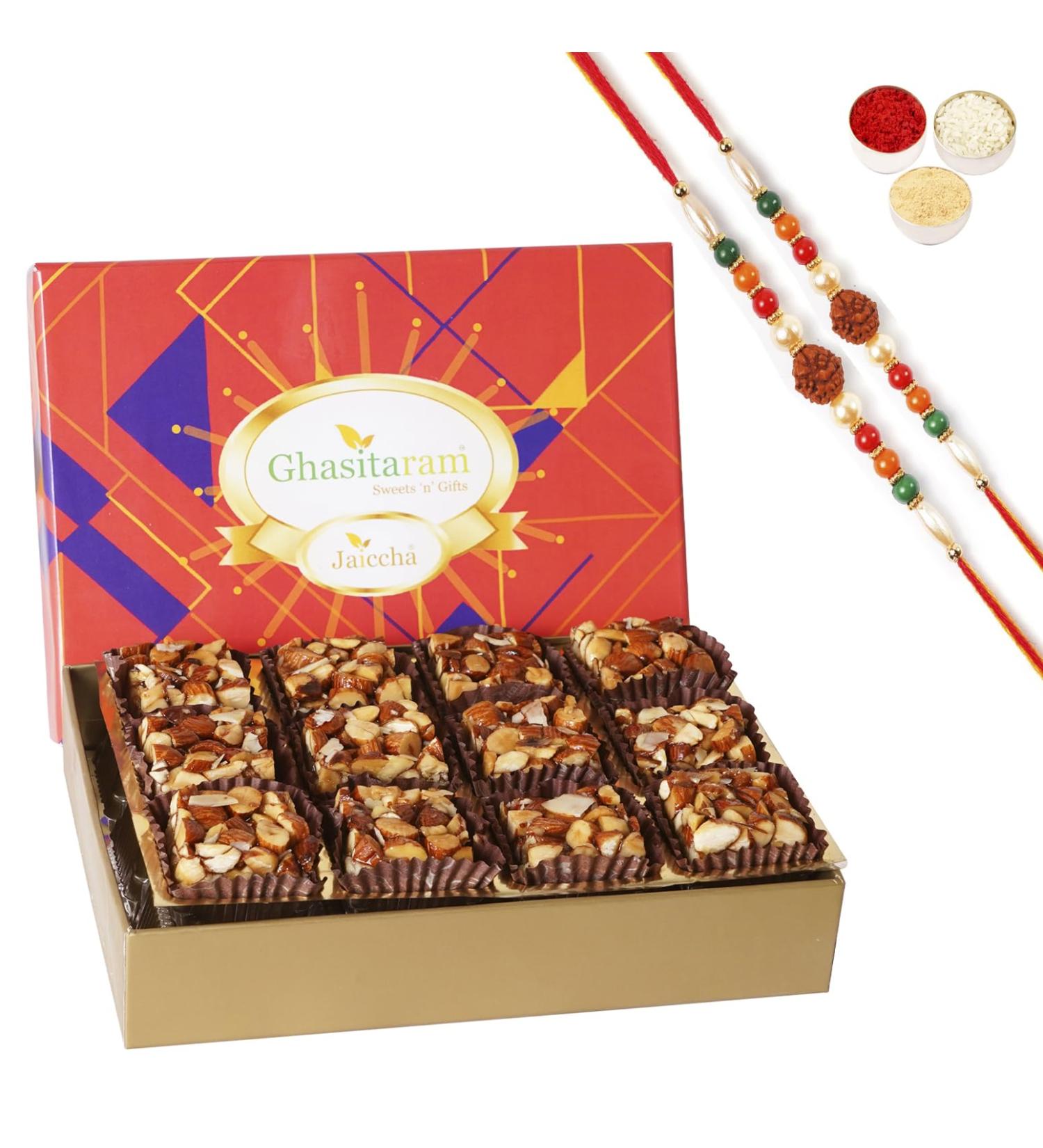 Ghasitaram Gifts Jaiccha Rakhi for Brother Sugarfree Almond Delight in Premium Box 12 pcs with 2 Rudraksh rakhis - Buy Online on SooperMarket.com