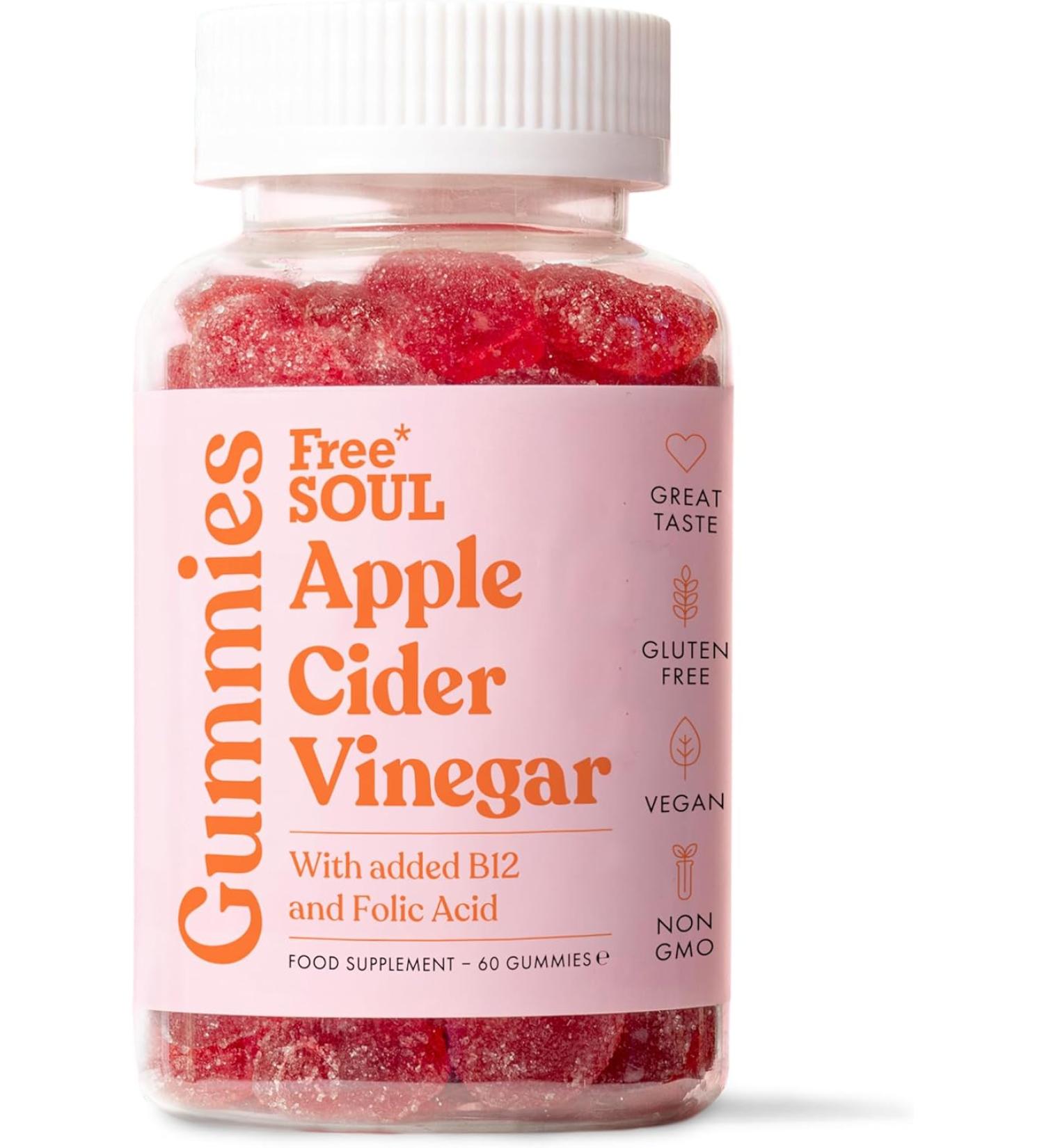 Apple Cider Vinegar Gummies 1000mg with Vitamin B12 & Folic Acid | 60 High Strength ACV Capsules | Enhanced with Pomegranate & Beetroot | Vegan Friendly | Free Soul - Buy Online on SooperMarket.com