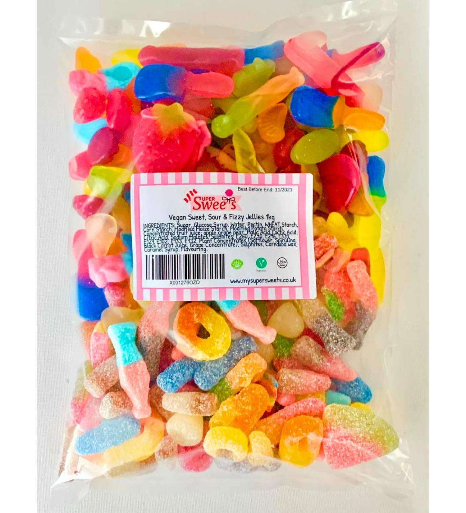 Super Sweets Premium Vegan Sweet Sour and Fizzy Jellies Assortment 1kg. A Mix of The Best Plain Fizzy and Sour Vegan Jellies
