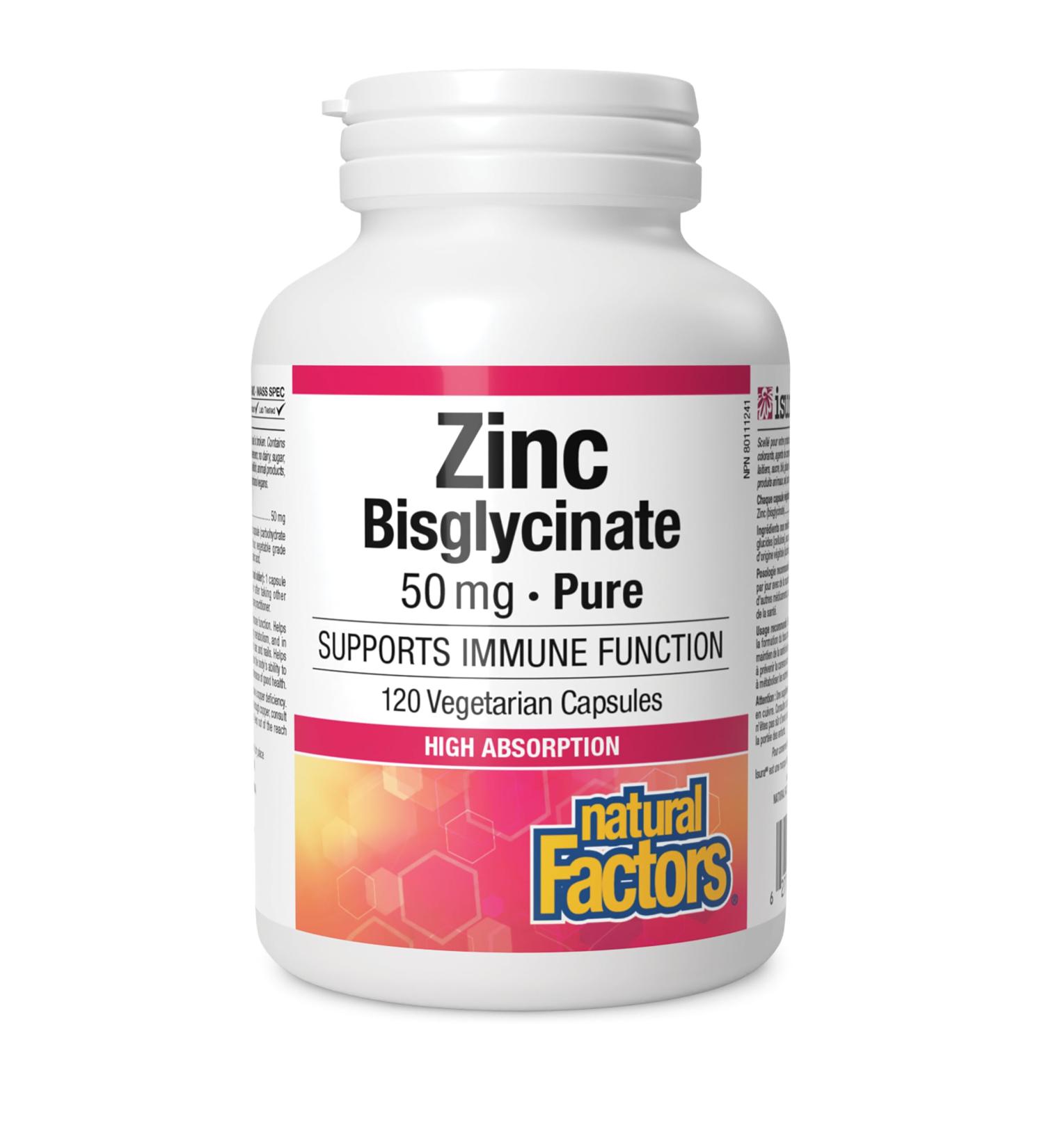 Natural Factors Zinc Bisglycinate 50mg 120 vegetarian capsules Gentle Highly Absorbable One-Per-Day Formula Supports Immune Function - Buy Online on SooperMarket.com