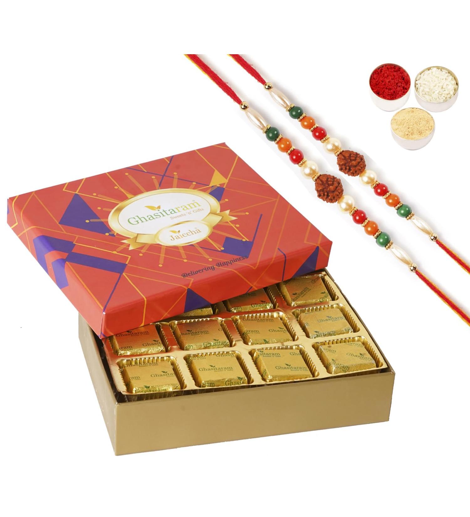 Ghasitaram Gifts Jaiccha Rakhi for Brother Mewa Bites in Premium Box 12 pcs with 2 Rudraksh rakhis - Buy Online on SooperMarket.com