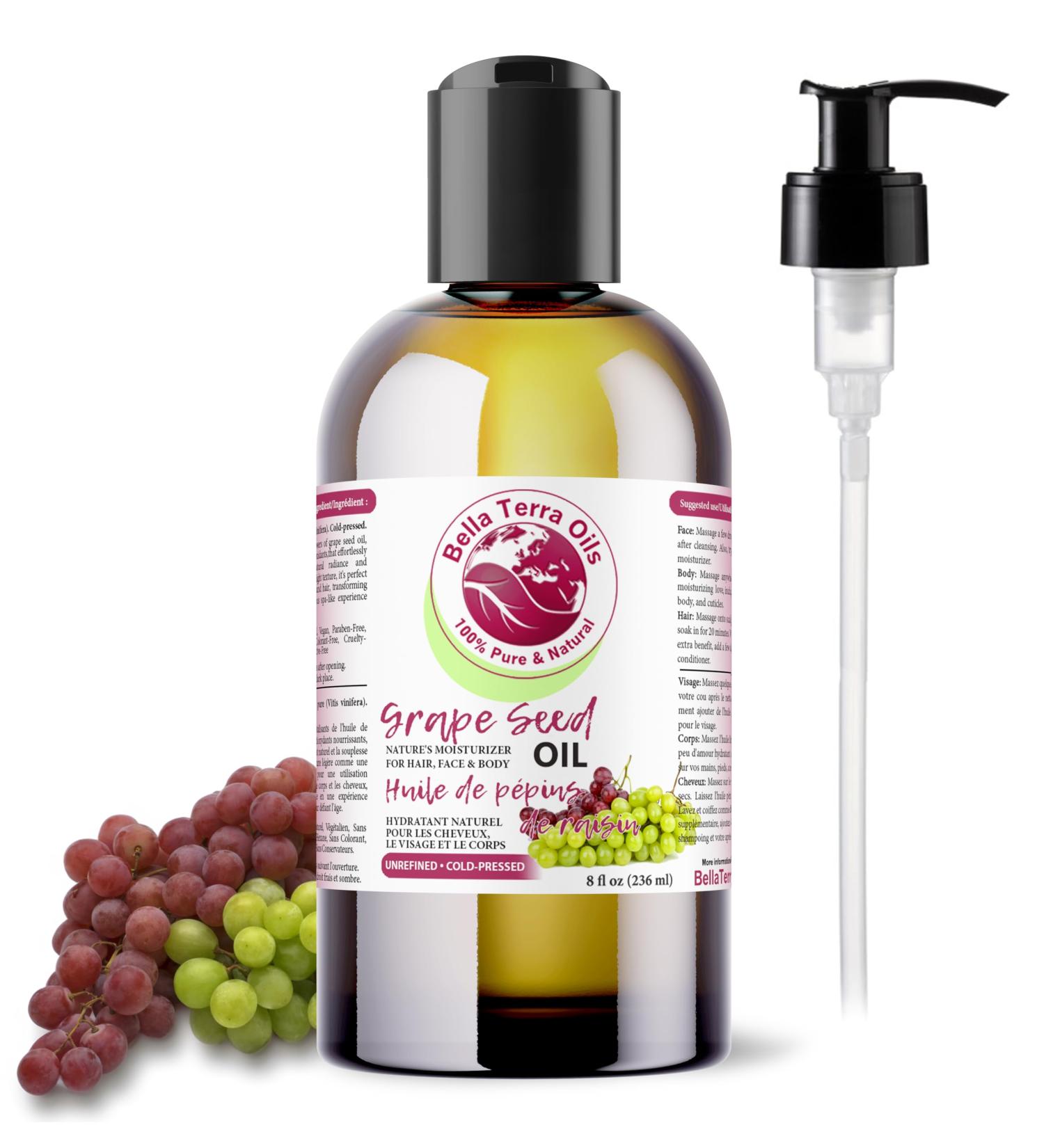 Grape Seed Oil. 236ml. 100% Pure. Cold-pressed. Unrefined. Organic. Rich in Vitamins. Chemical-free. Soothes Skin. Nourishes Hair. Natural Moisturizer for Hair Skin Nails Beard Stretch Marks. Bella Terra Oils. 236 ml (Pack of 1) - Buy Online on SooperMarket.com