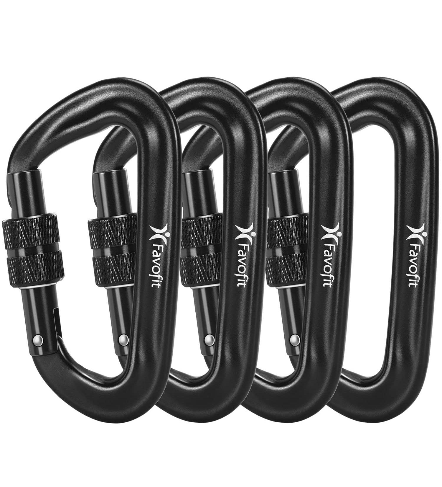 Favofit Locking Carabiner Clips 4 Pack - Heavy Duty 12KN Carabiners for Camping, Hiking, Outdoor & Gym - Small Black Carabiners for Dog Leash & Harness - Buy Online on SooperMarket.com