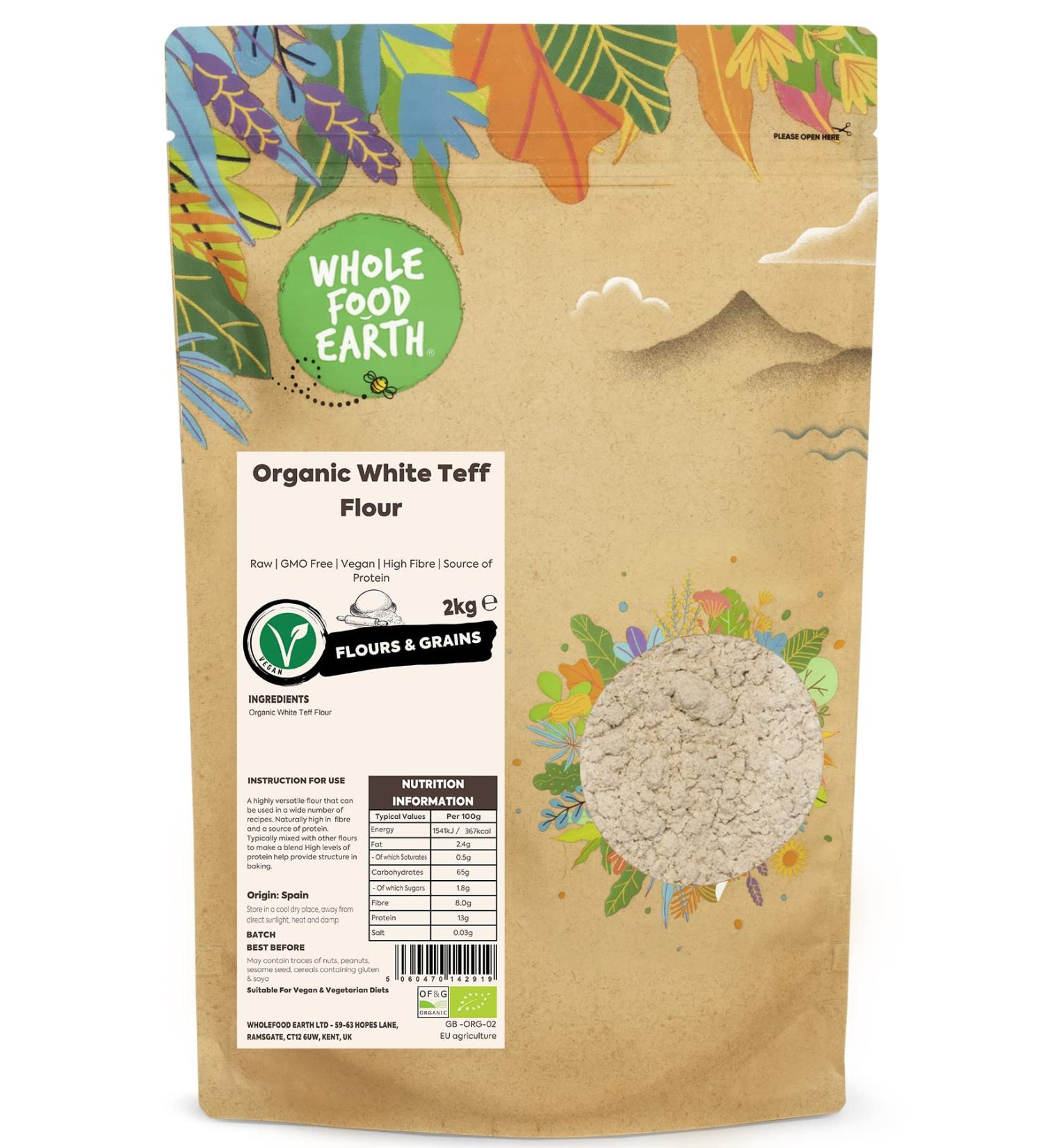 Wholefood Earth Organic White Teff Flour 2 Kg - Raw, GMO Free, Vegan, High Fibre, Protein Source - Buy Online on SooperMarket.com