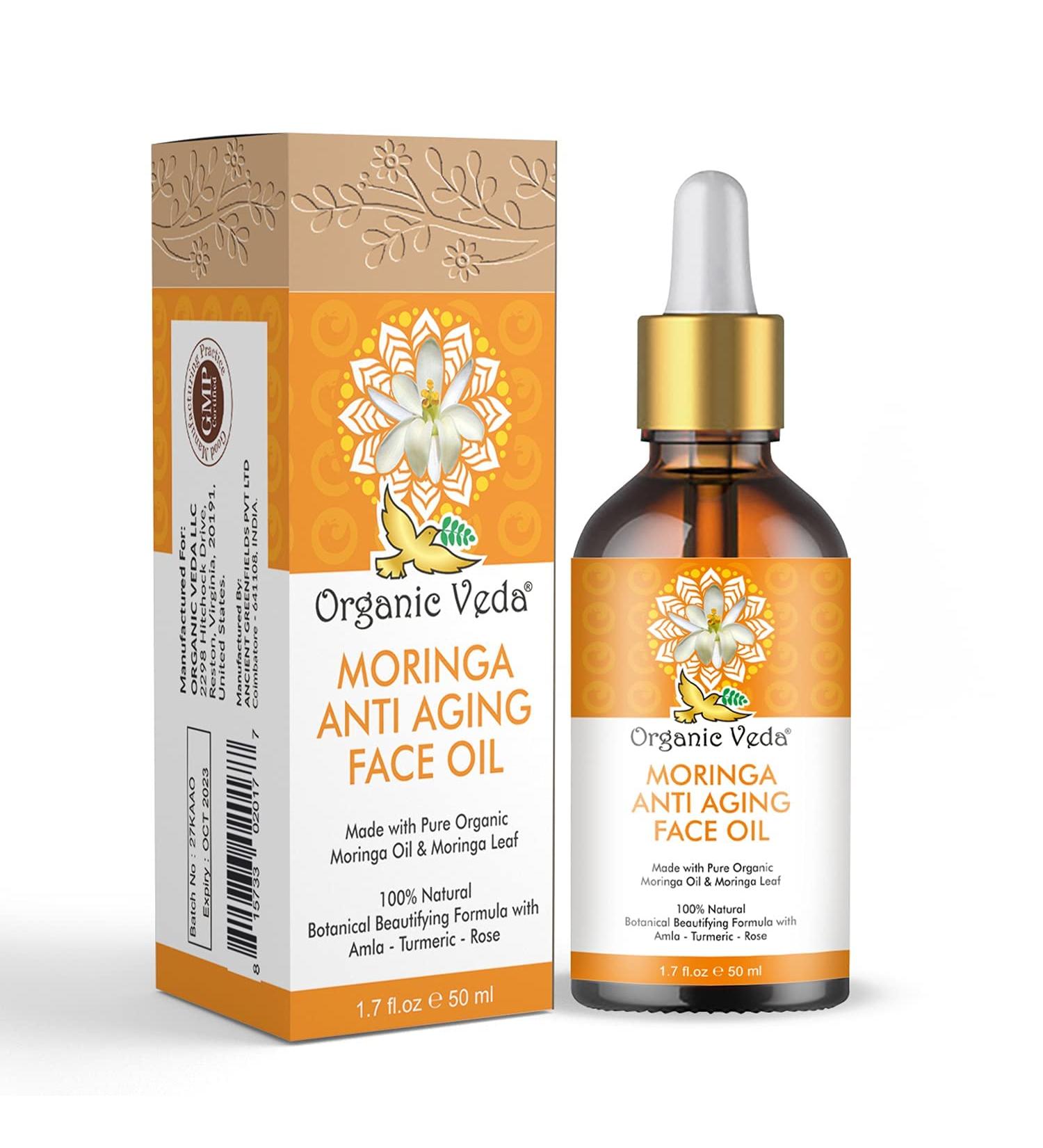 Organic Veda Moringa Anti-Aging Face Oil  Age-Defying & Moisturizing Moringa Oil  Made with Cold Pressed Pure Moringa Seeds & Moringa Leaf Oil with Amla  Turmeric  Rose 1.7 fl oz 1.7 Fl Oz (Pack of 1)