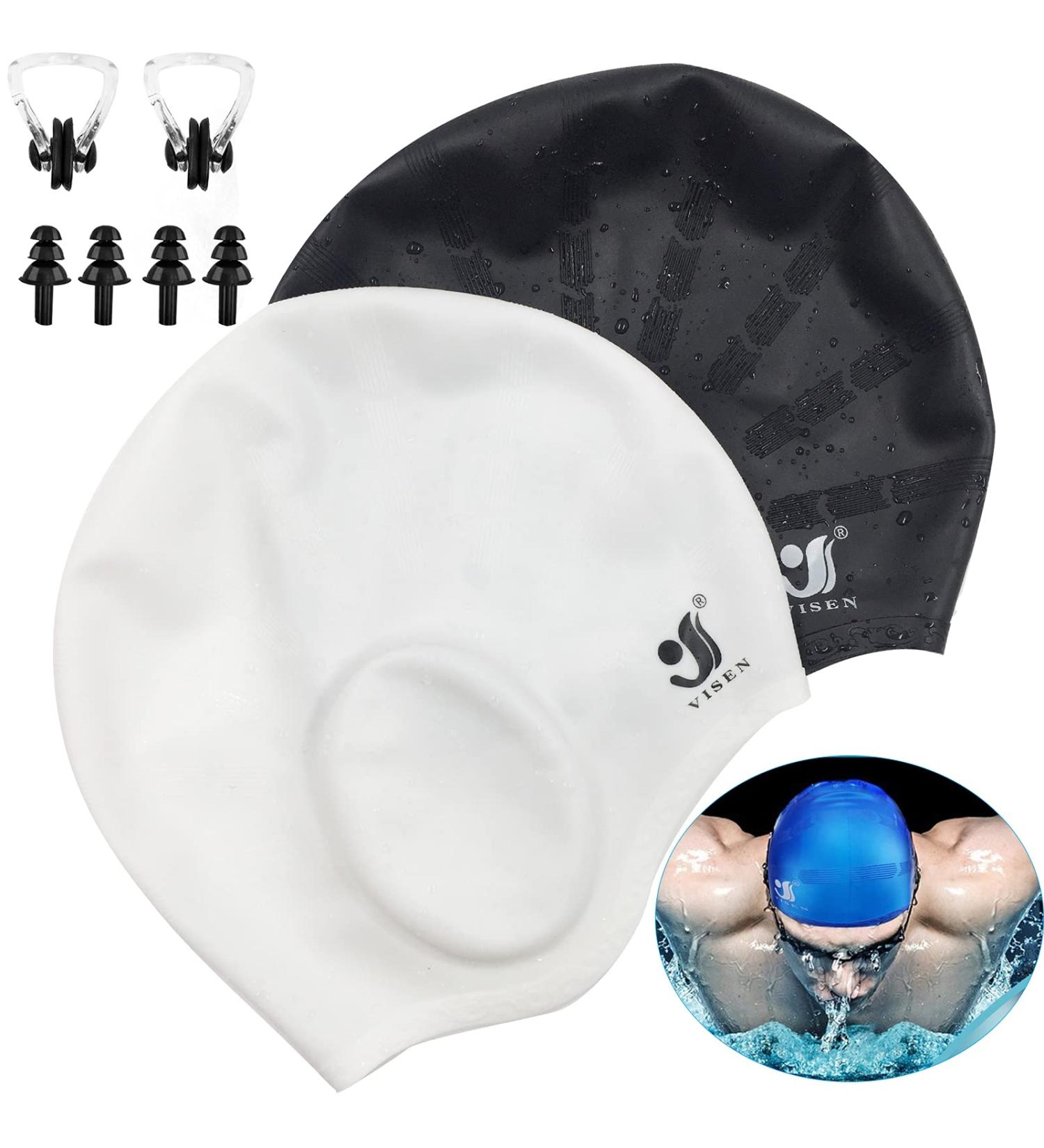 Unisex Silicone Bathing Cap with Ear Protection - 2PC Waterproof Swimming Caps for All Hair Types with Earplugs & Nose Clamp - Elastic Black & White Swim Caps for Adults & Kids - Buy Online on SooperMarket.com