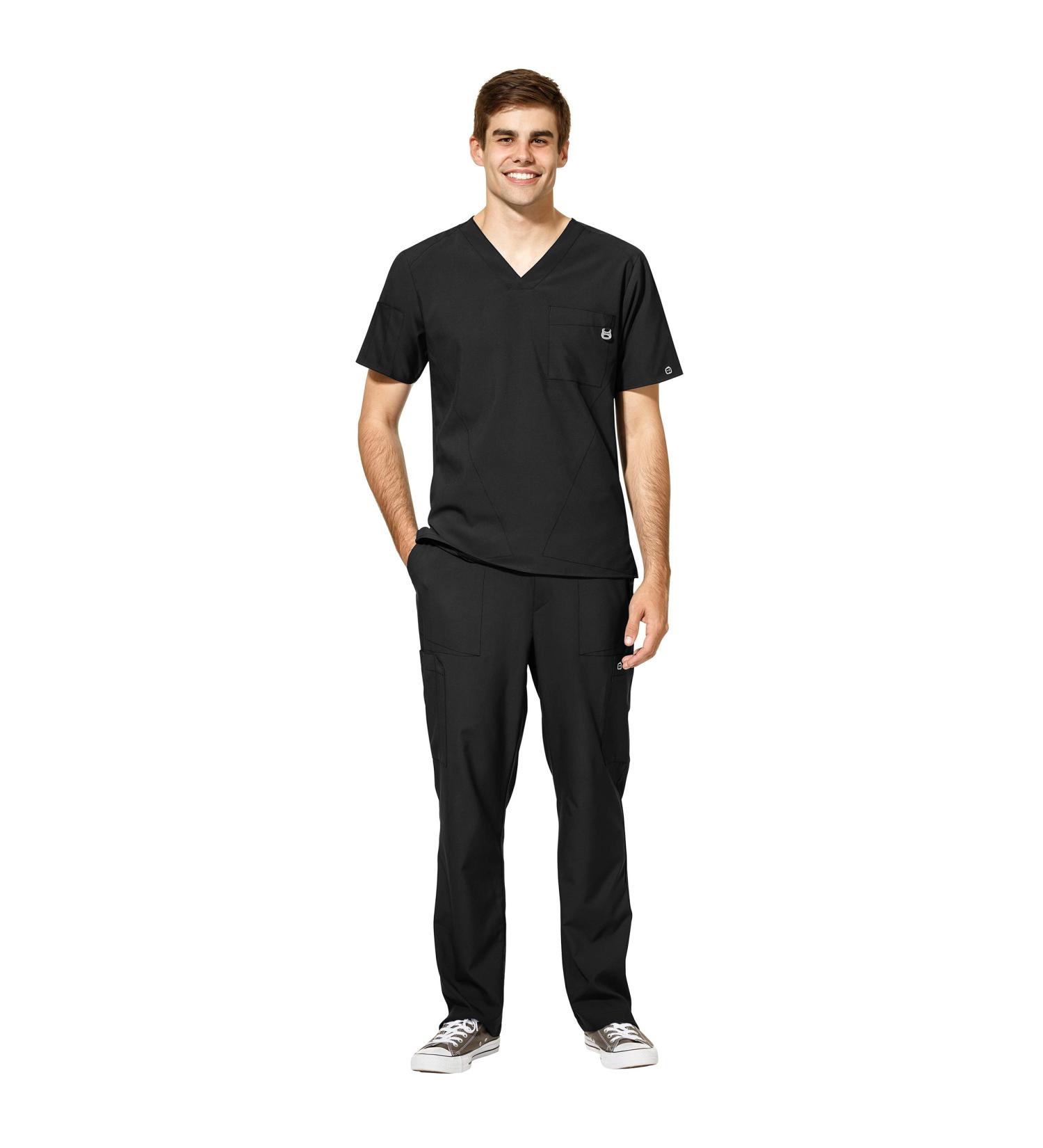 WonderWink W123 Men's V-Neck Top & Cargo Pants Scrub Set + Badge Reel - Black, 2X-Large Top / X-Large Pants - Buy Online on SooperMarket.com