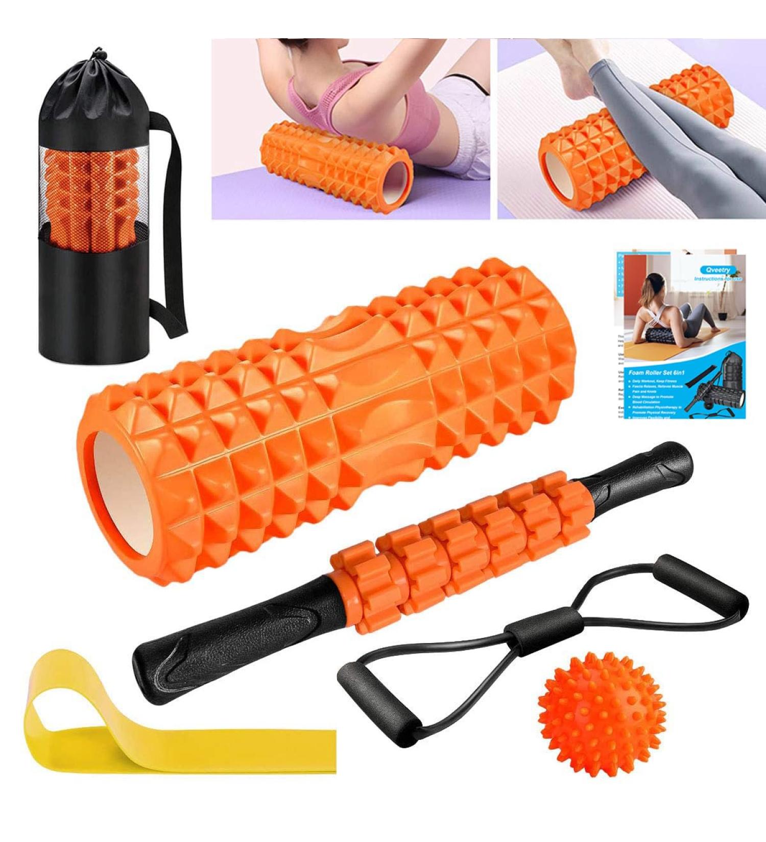 QveeTry 6-in-1 Foam Roller Set - Fascia Roll Massage Roller Rod & Fitness Straps for Yoga & Pilates - 33cm Orange | International Shipping - Buy Online on SooperMarket.com
