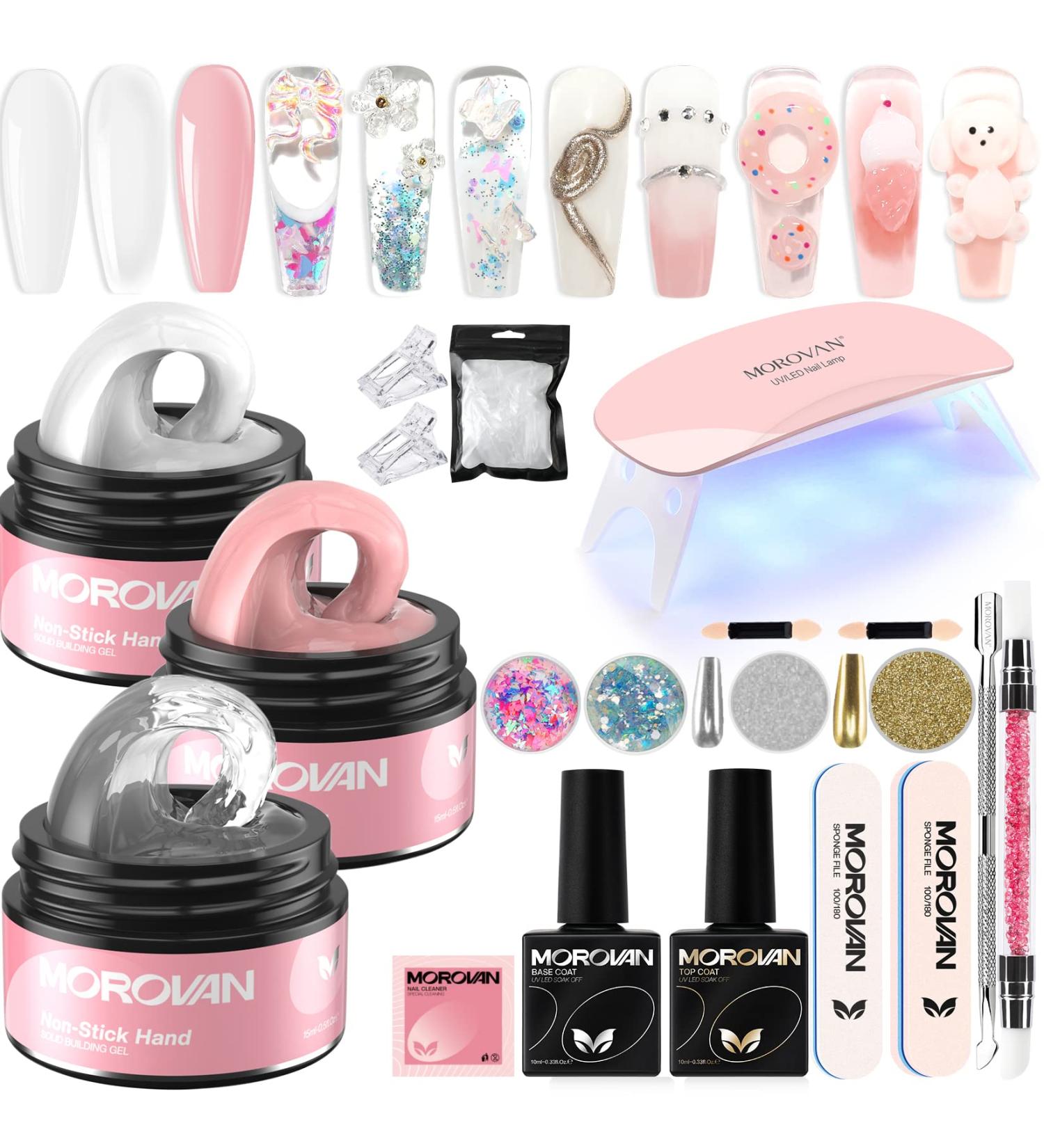 Morovan Solid Builder Gel Kit - Non Stick Gel for Nails with Nail Tips, Chrome Powder, Glitter Sequins - Strengthen Nail Art - 3 Colors - Buy Online on SooperMarket.com