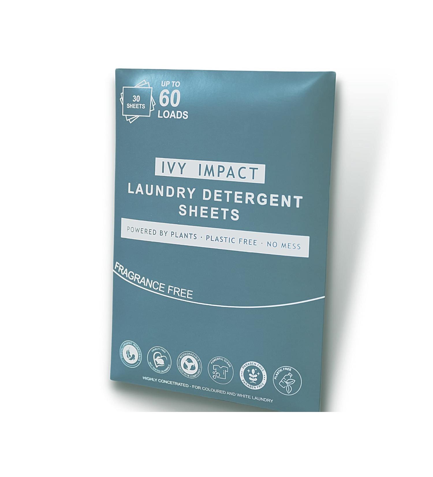 IVY IMPACT Laundry Detergent Sheets Strips | Ultra-Concentrated | Eco-Friendly | Sensitive Skin | Suitable for Machine and Hand Washing | Up to 60 Loads | Scent: Fragrance Free Unscented - Buy Online on SooperMarket.com