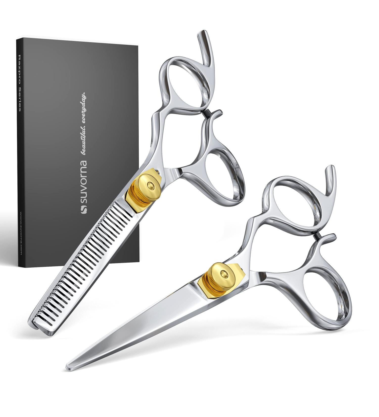 Suvorna 5.5 Hairdressing Scissors Set - Professional Barber and Hair Cutting Scissors with Thinning Shears for Right-Handed Hairdressers - 2 Pc Set - Buy Online on SooperMarket.com