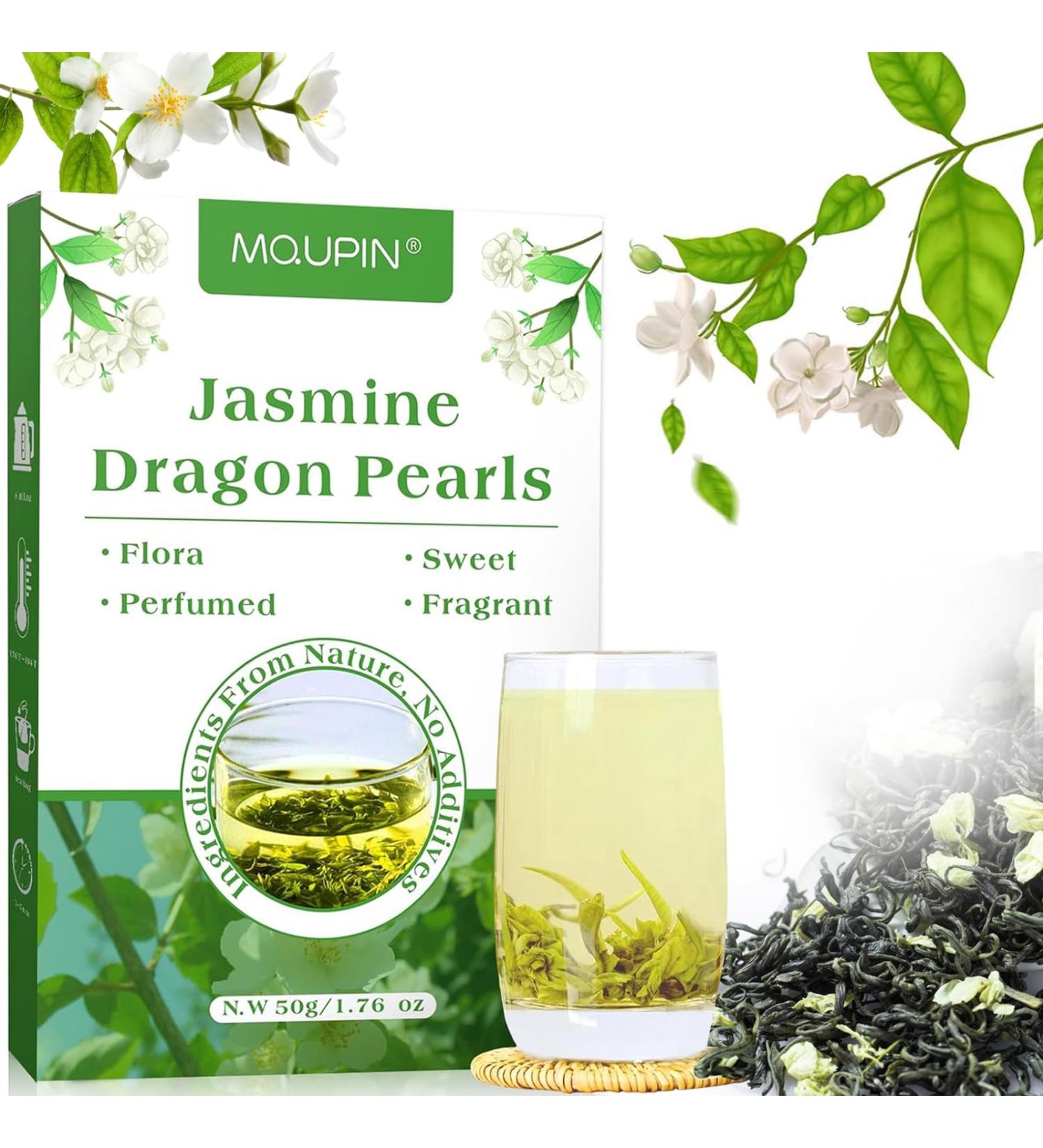 Jasmine Dragon Pearls 50g Loose Leaf Green Tea - Natural Hand Rolled Jasmine Green Tea with Floral Scent and Tonic Effects - MQUPIN - Buy Online on SooperMarket.com
