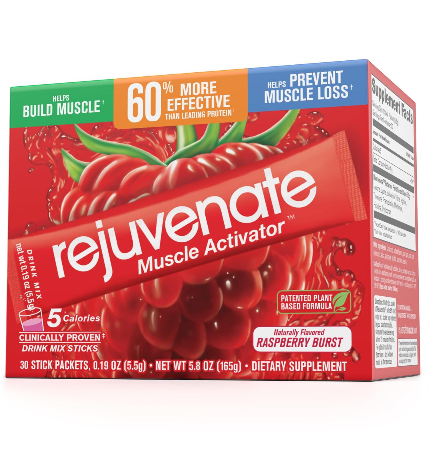 Rejuvenate Muscle Activator Drink Mix Sticks Single Serving Protein Powder Packets to Go - Raspberry Burst 30 Count - Buy Online on SooperMarket.com