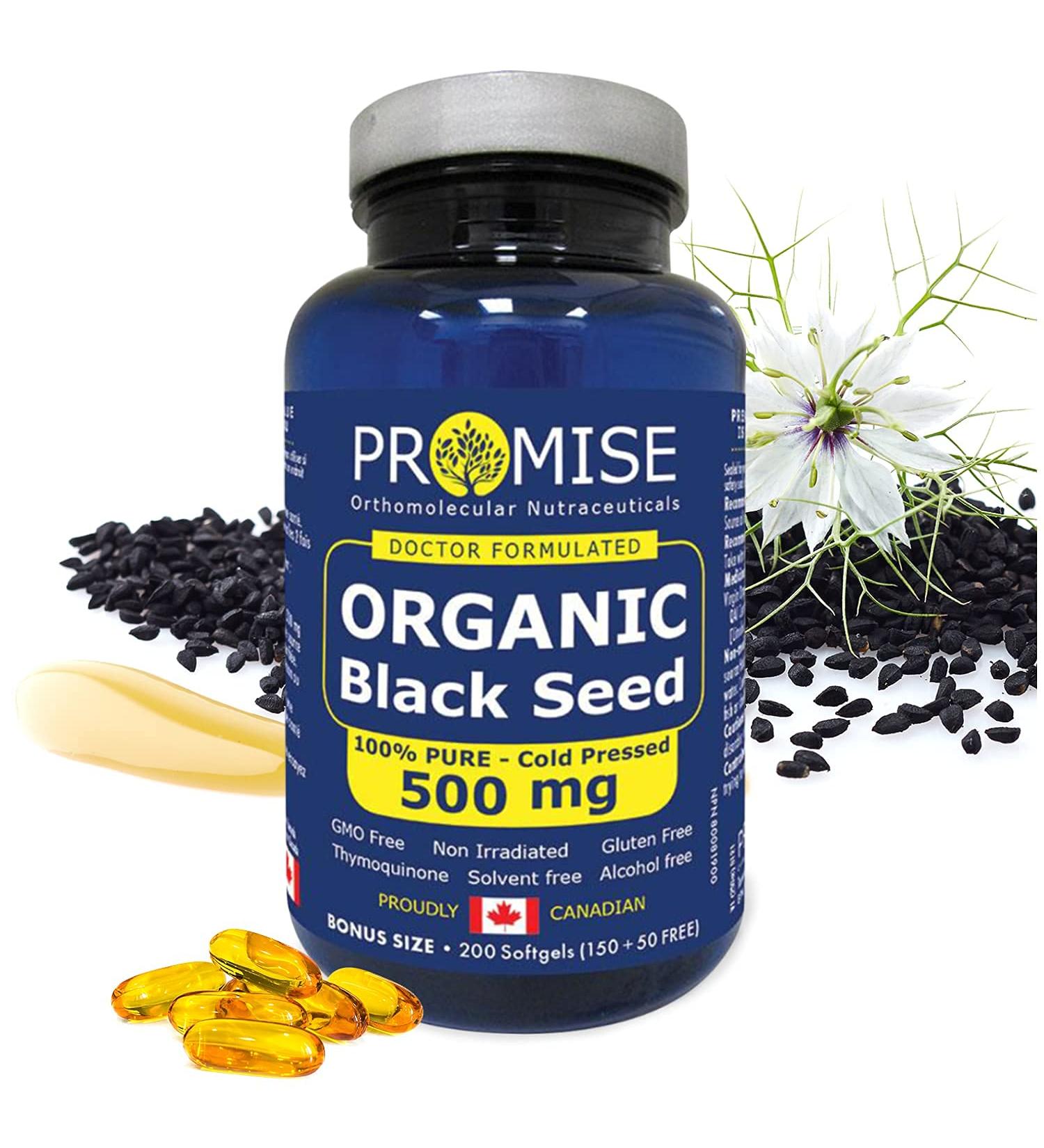 Promise Organic Black Seed 100% Pure Cold Pressed 500mg Essential Thymoquinone Made in Canada (150+50 FREE softgels) - Buy Online on SooperMarket.com
