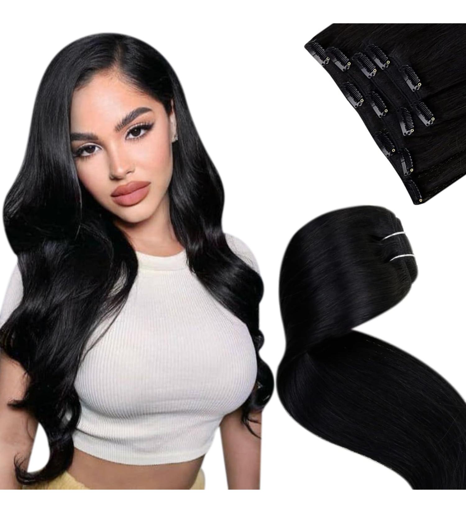 LAAVOO Real Hair Clip-In Extensions - Double Tress Remy Human Hair Black 55cm 70g 5pcs | Perfect for International Shipping - Buy Online on SooperMarket.com
