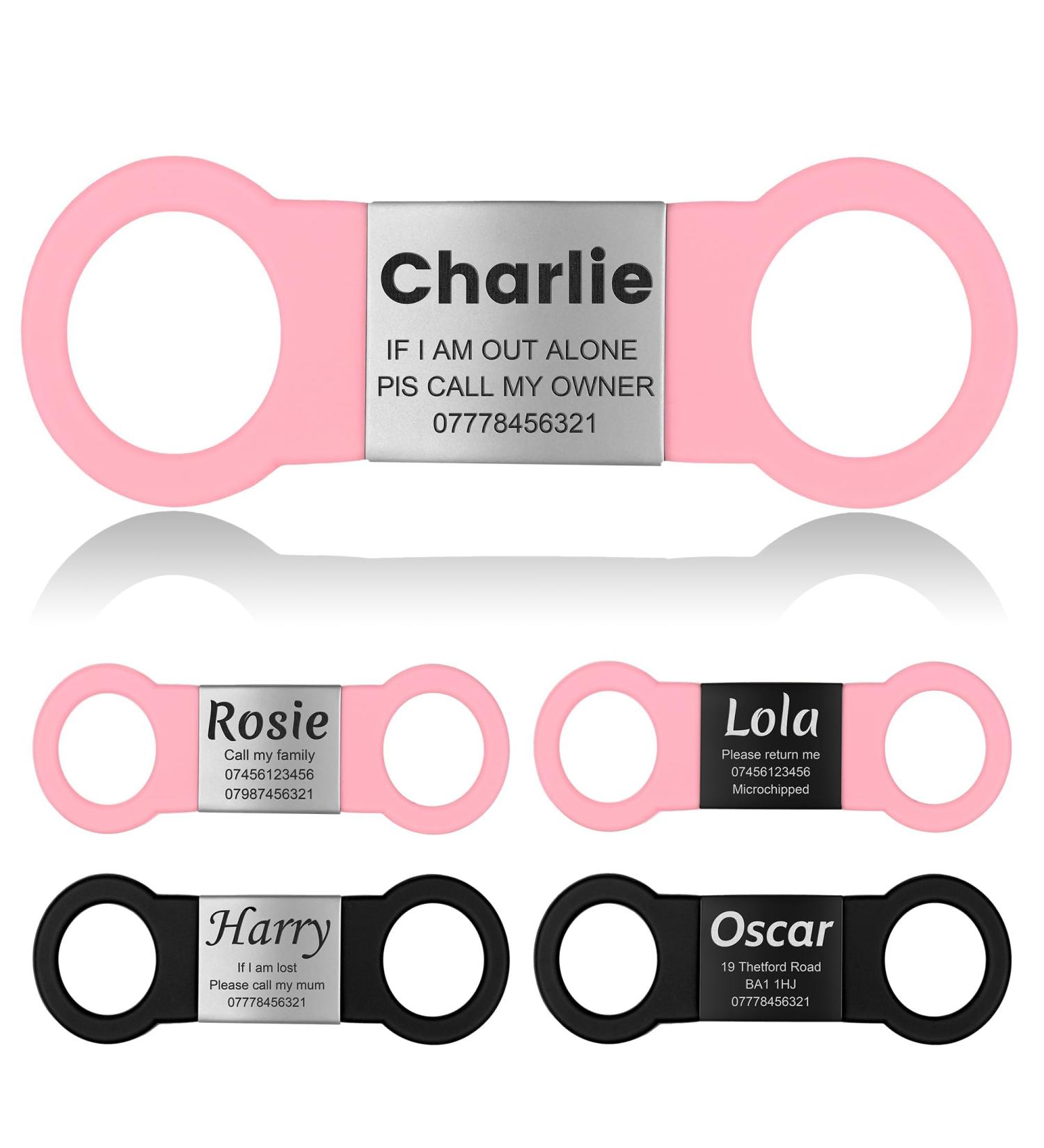 Personalized Yehanti Dog Tag - Engraved Quiet Silicone ID for Dogs Cats & Puppies - Custom Name Phone & Address - Pink & Silver (M 19mm Collar) - Buy Online on SooperMarket.com