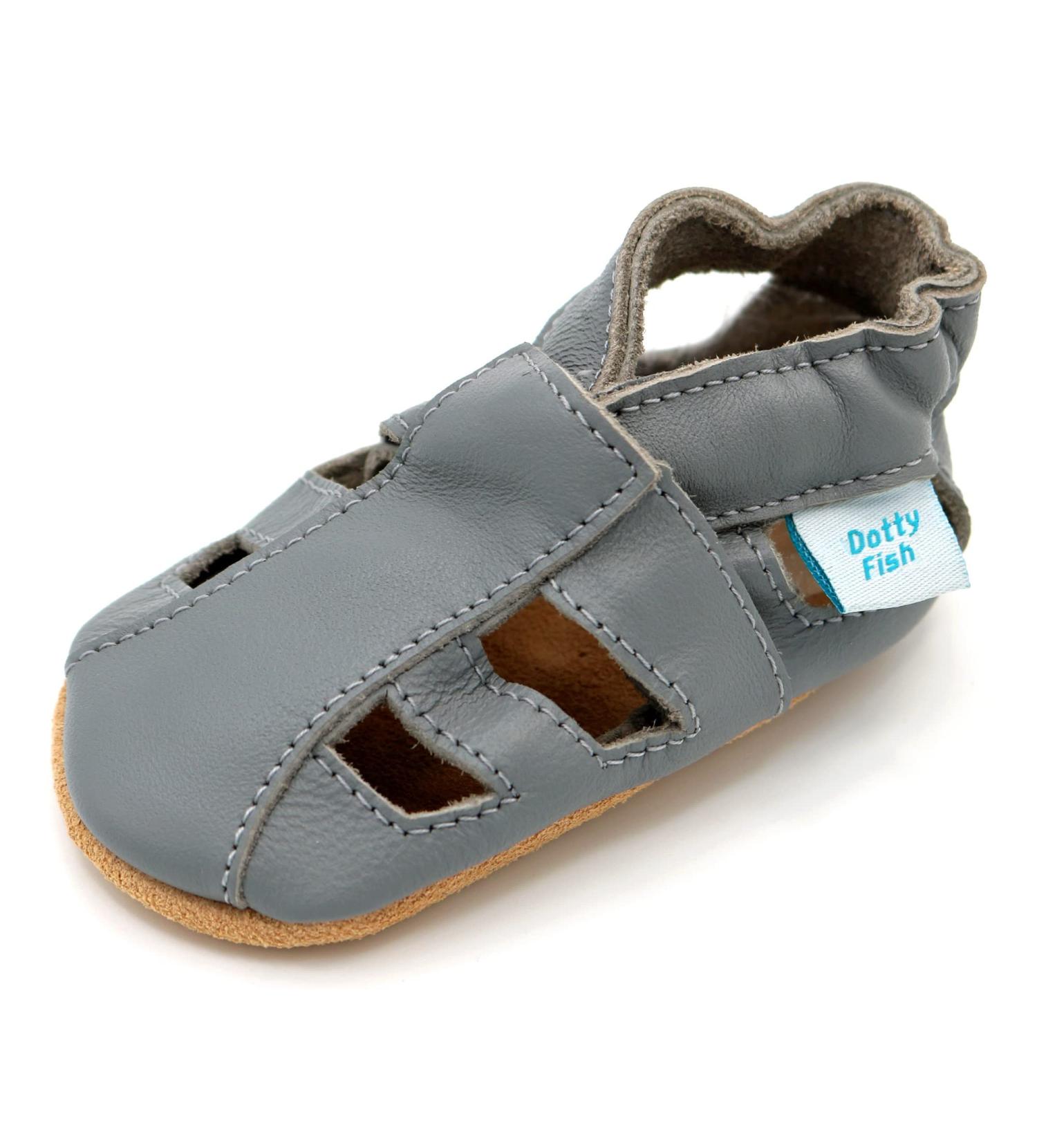 Dotty Fish Soft Leather Baby Shoes | Toddler Sandals | Non-Slip Suede Soles | Grey | 0-6 Months to 3-4 Years - Buy Online on SooperMarket.com