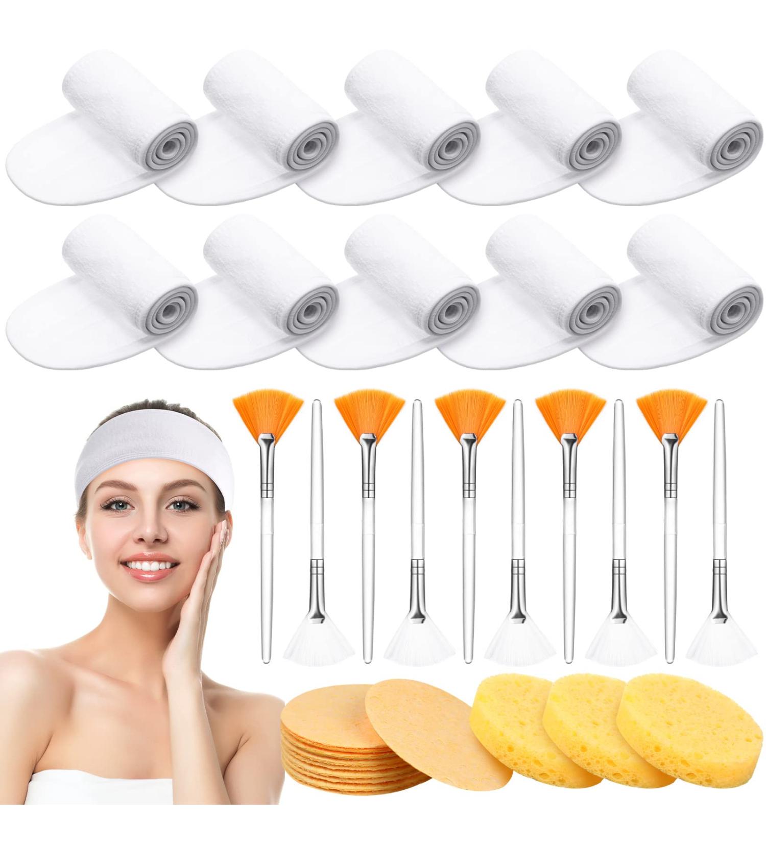 10 Pcs Spa Facial Headband, 50 Pcs Compressed Facial Sponges, 10 Pcs Fan Brushes Set | White Towel Head Wrap | Face Wash, Mask Removal - Facial Makeup Accessories - Buy Online on SooperMarket.com