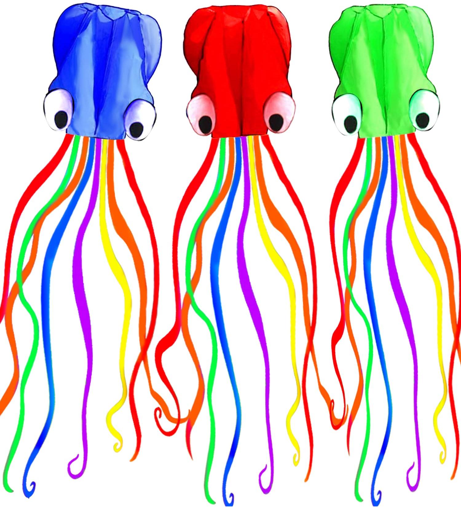 Hengda Kite Pack: 3 Colors Easy Flyer Octopus Kite for Kids - Large 31 Wide with Long Tail - Beach or Park Fun - Red, Green, Blue - Buy Online on SooperMarket.com