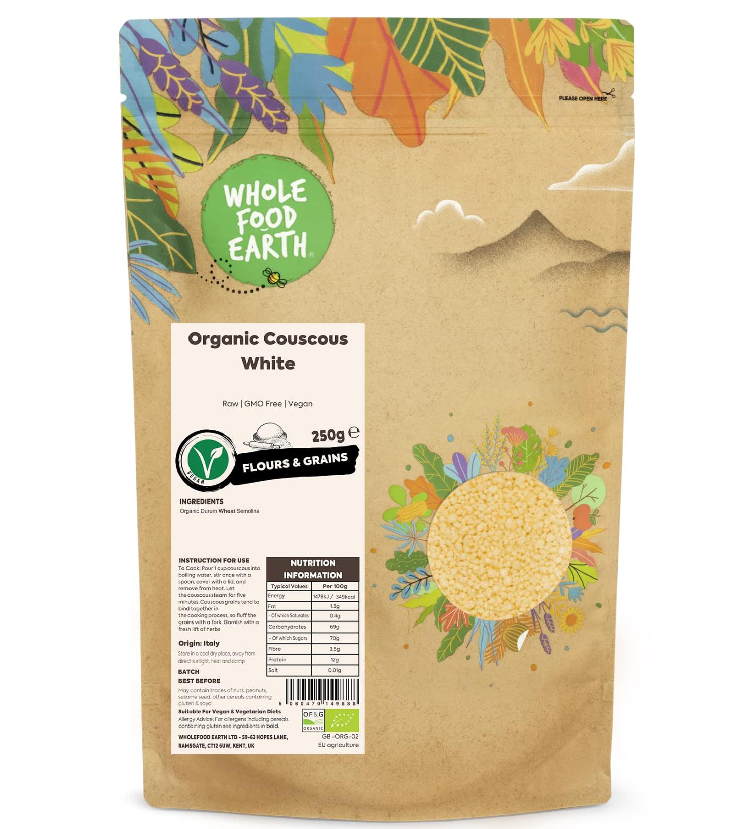 Wholefood Earth Organic White Couscous 250g - Raw, GMO Free, Vegan | Certified Organic - Buy Online on SooperMarket.com