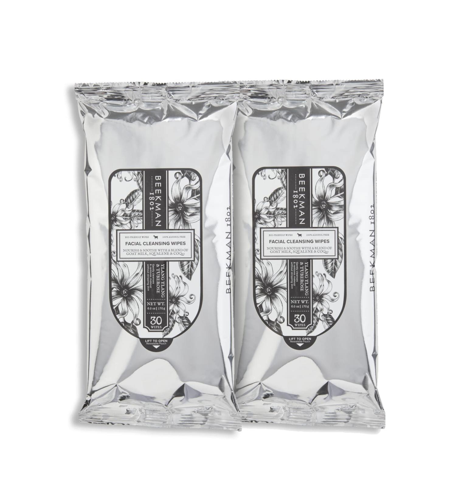 Beekman 1802 Face Wipes - 30 Count x 2 Pack - With Goat Milk, Aloe, Vitamin E & CoQ10 - Alcohol-Free, Biodegradable & Cruelty-Free - Ylang Ylang - 60 Total Wipes - Buy Online on SooperMarket.com