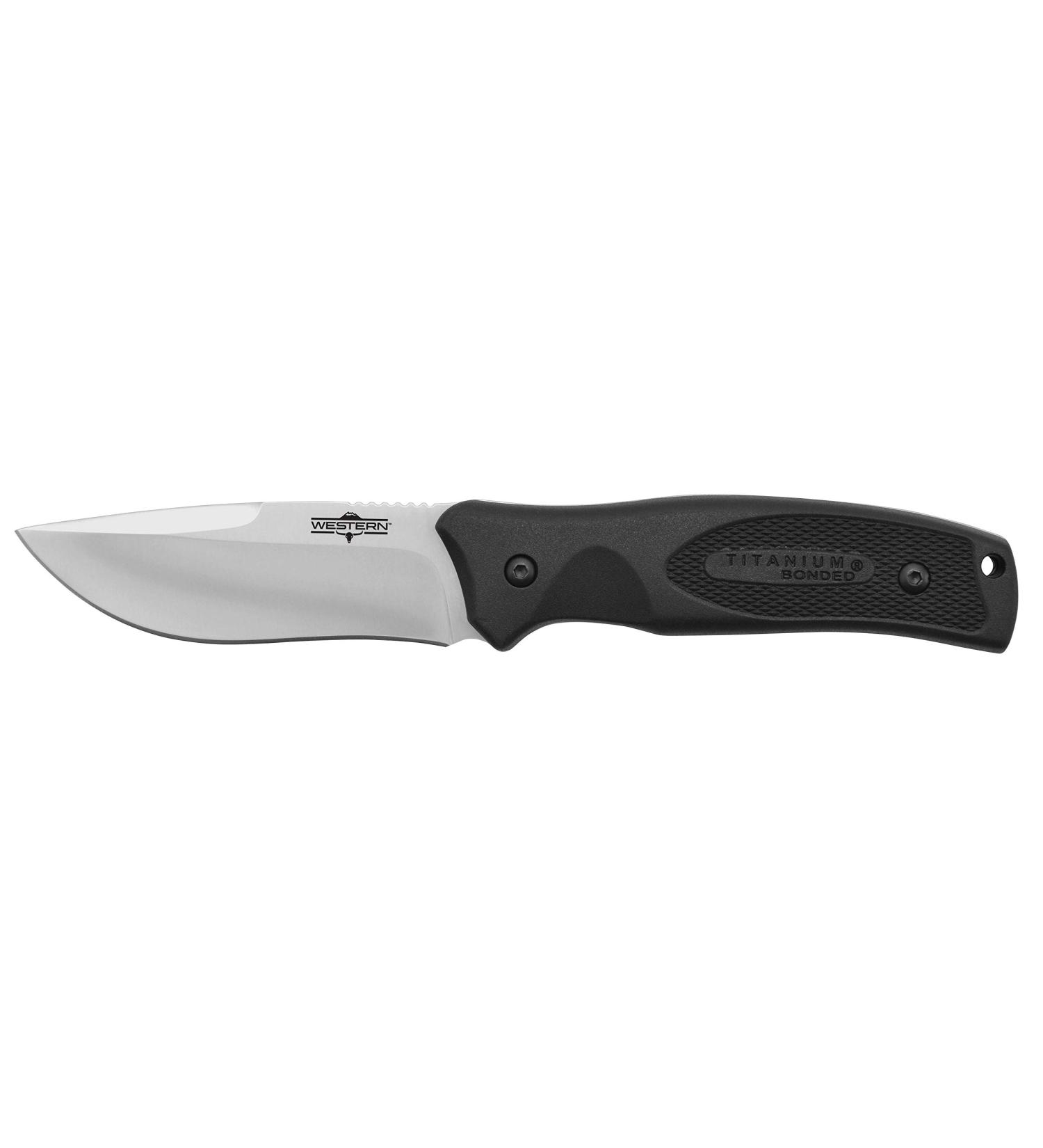 Camillus 19232 Western Black River Knife - 9.5cm Titanium Bonded Blade with Ballistic Nylon Sheath Durable PP/TPE Handle Black/Silver - Perfect for Outdoor Adventures - Buy Online on SooperMarket.com