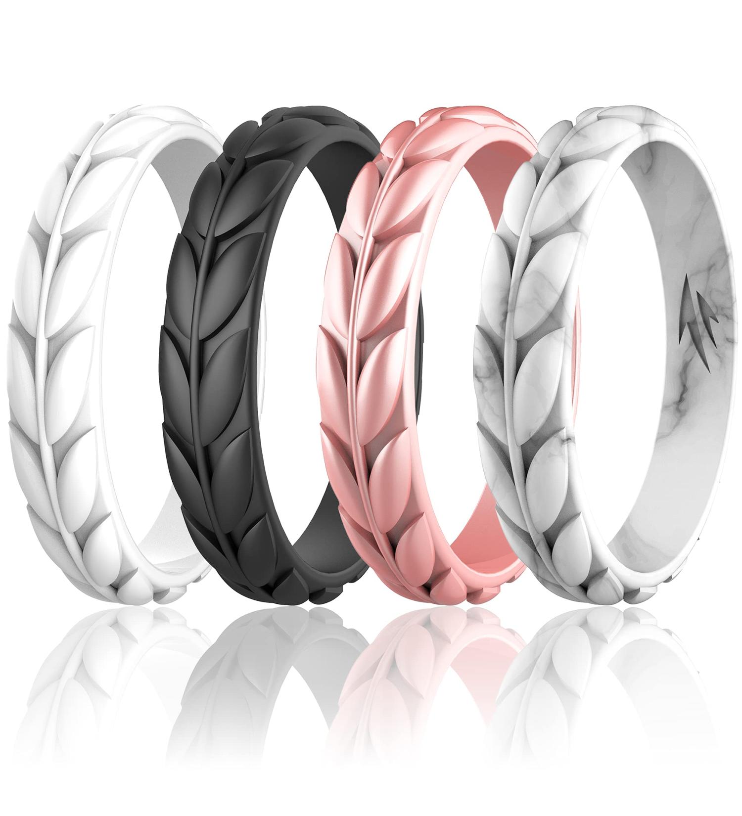 Zollen Silicone Wedding Rings for Women 4/7 Packs -Metallic Stackable Silicone Rubber Wedding Bands -Innovative Vine Collection B: Rose Gold Pearl White Black Marble(gray+white) 4(15.3mm) - Buy Online on SooperMarket.com