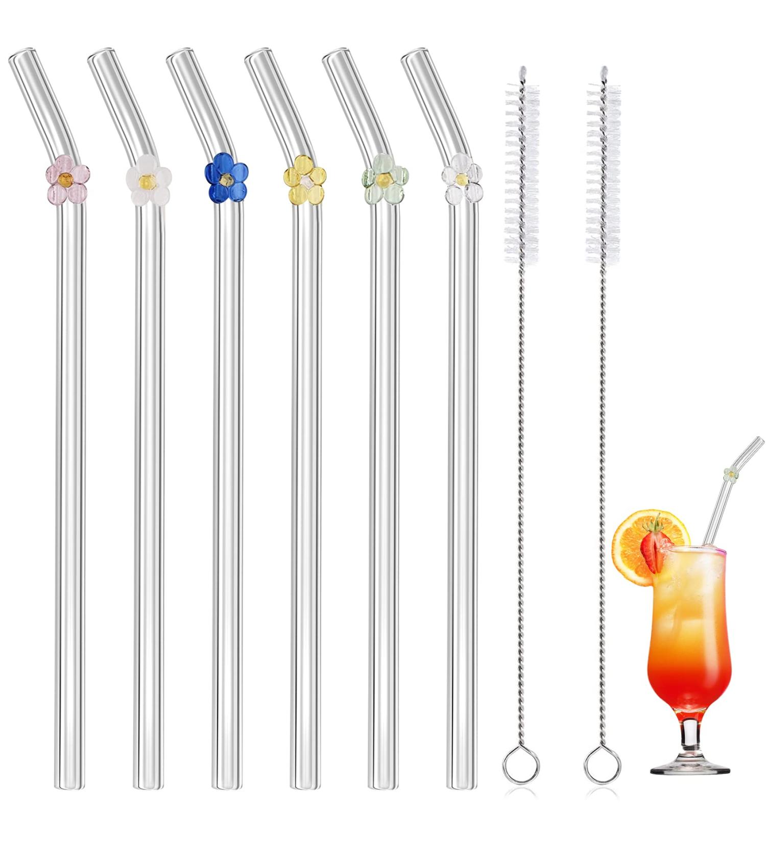 Reusable Glass Straw Clear Glass Straws with Flowers Reusable Straws for Smoothies and Normal Liquid Drinks 6 Bent Straw with 2 Cleaner Brush Flowers Straws - Buy Online on SooperMarket.com