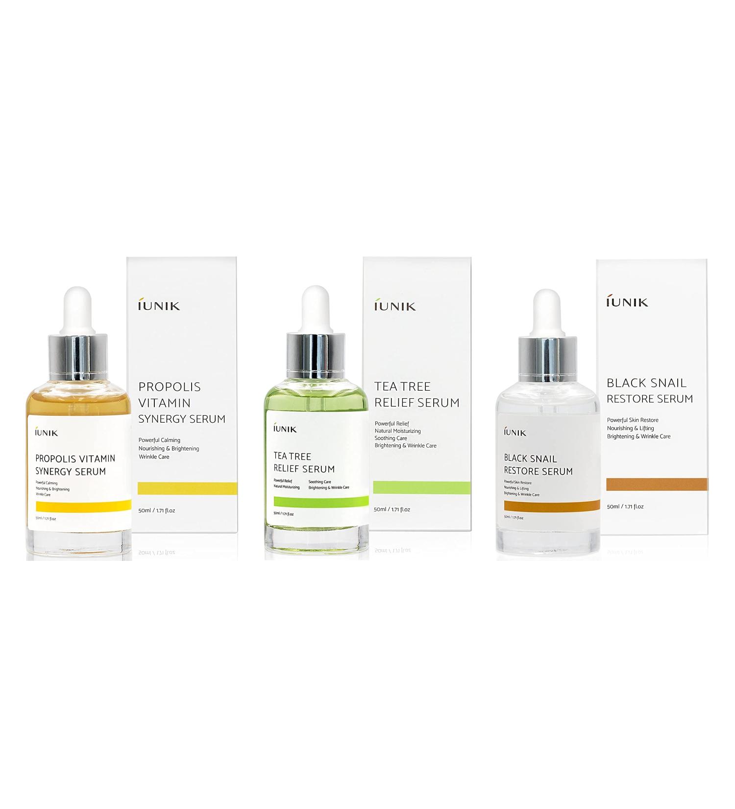 iUNIK Facial Serum Trio: Tea Tree Relief, Propolis Vitamin Synergy, Black Snail Restore - 1.71 Fl Oz Each - Buy Online on SooperMarket.com