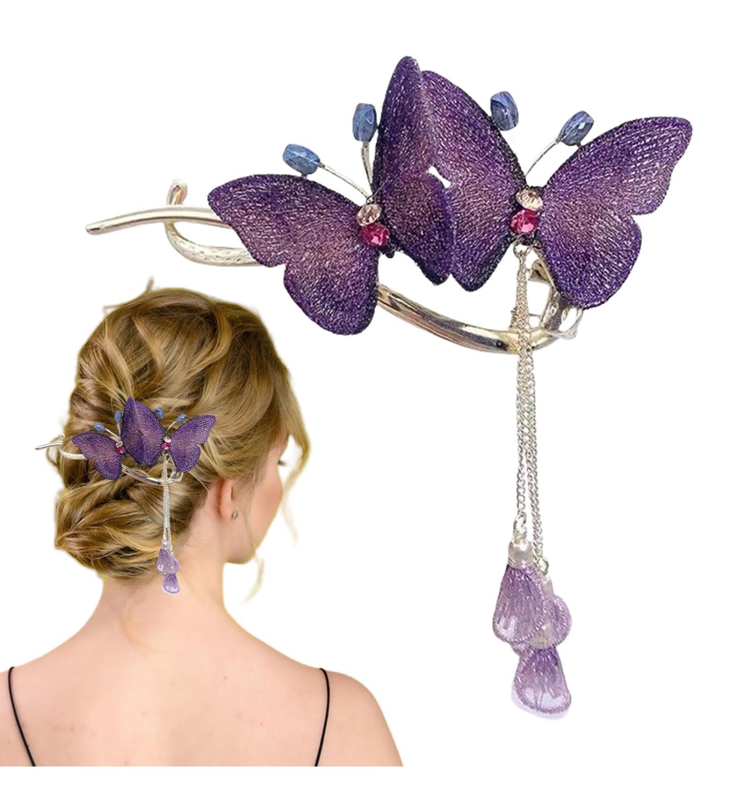 Lesunbak Butterflies Tassel Grab Clip - Elegant Hairpin & Clip For Women Rhinestone Tassel Hair Chain Chic Hair Accessories Nonslip Grip Embellished With Rhinestones For Daily Use Purple - Buy Online on SooperMarket.com