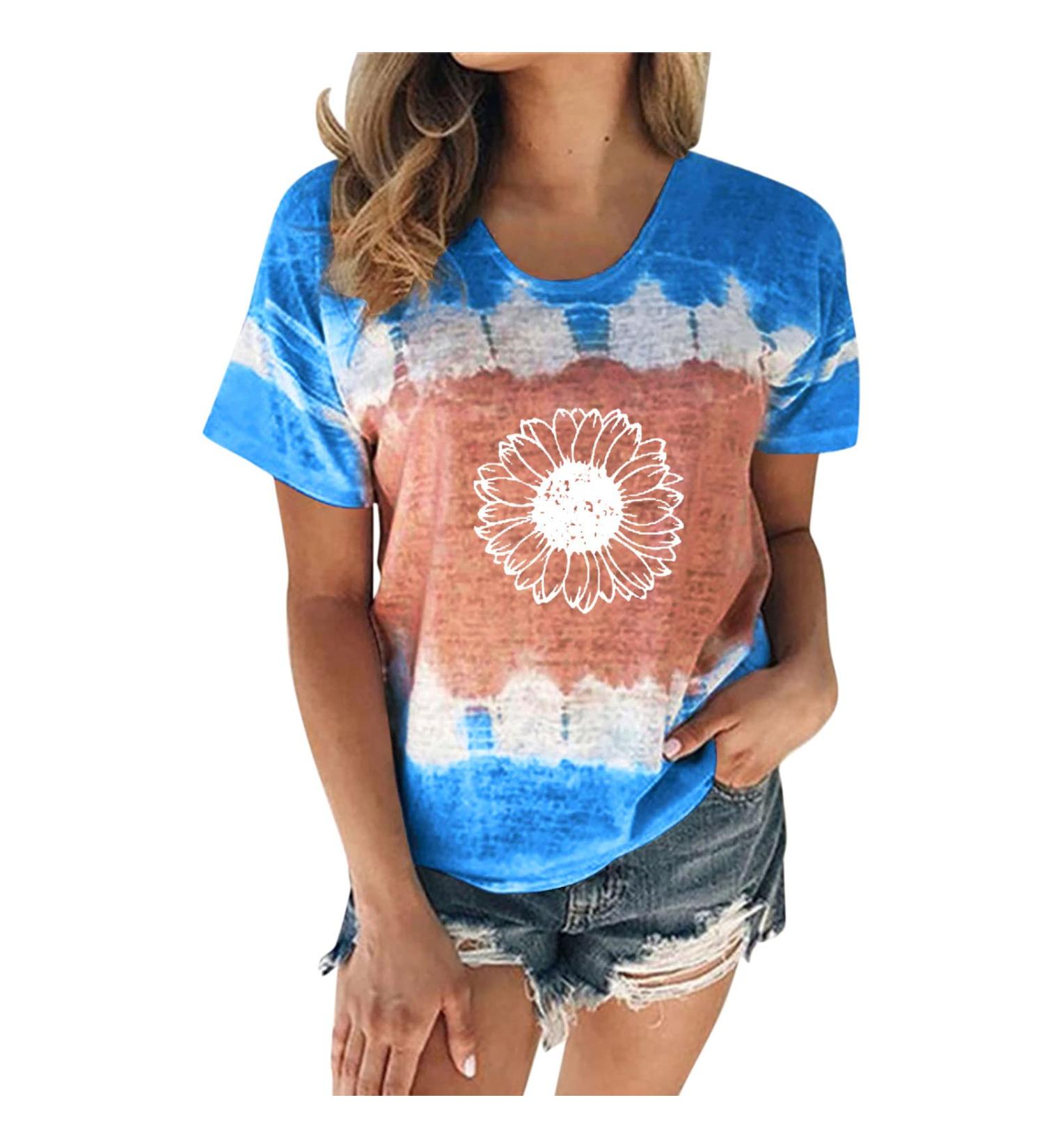 Women's T-Shirt Summer Women's Blouse Short Sleeve Floral Print T-Shirt Clothing Woman Basic Shirt Pullover Crew Neck Clothes T-Shirt Tops Casual Plain Tops Women's Blouse Blue M - Buy Online on SooperMarket.com