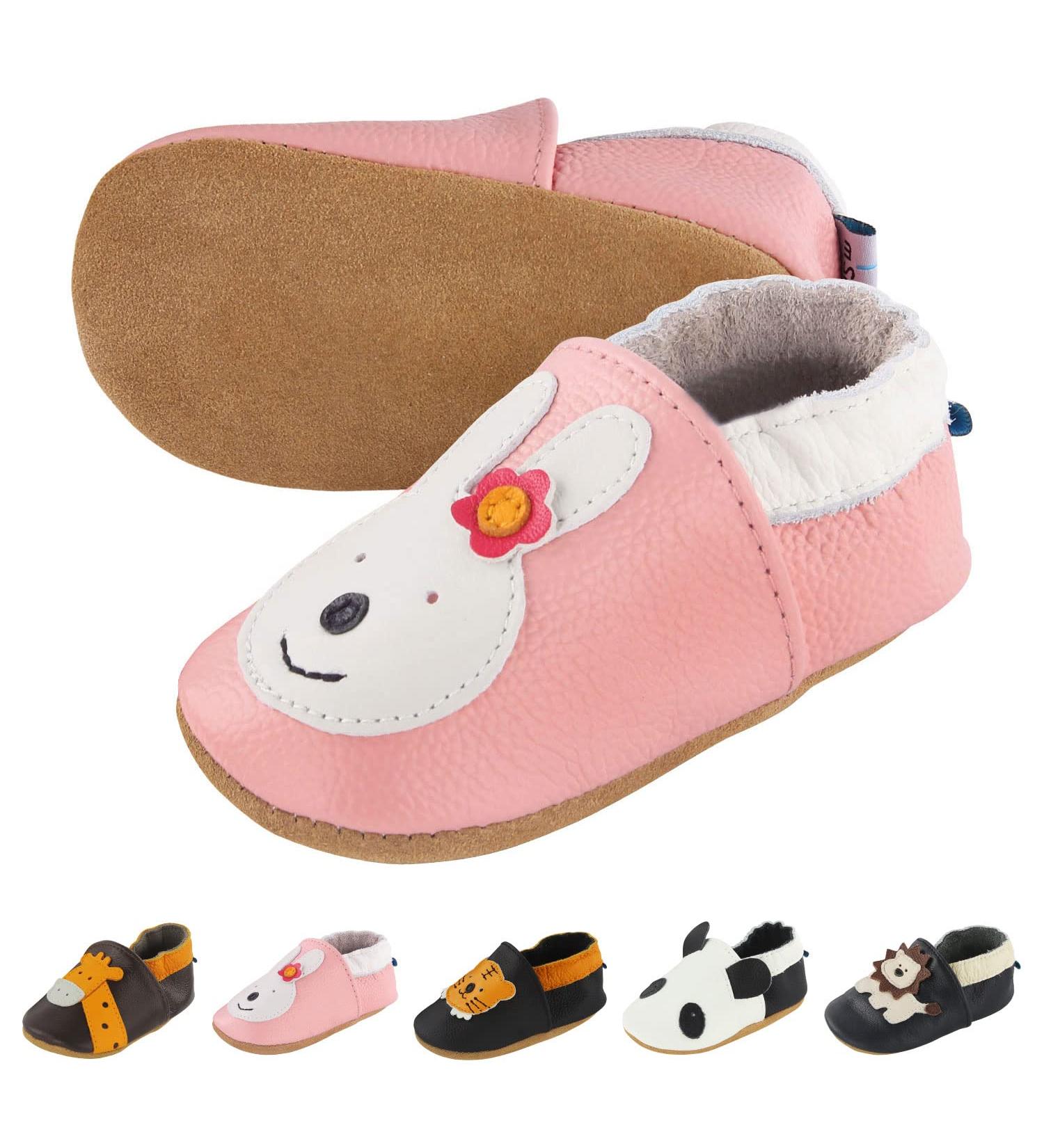 Soft Leather Baby Shoes | Non-Slip Rubber Soles | Newborn Cartoon Prewalker Sneakers - Pink Bunny | 12-18 Months - Buy Online on SooperMarket.com