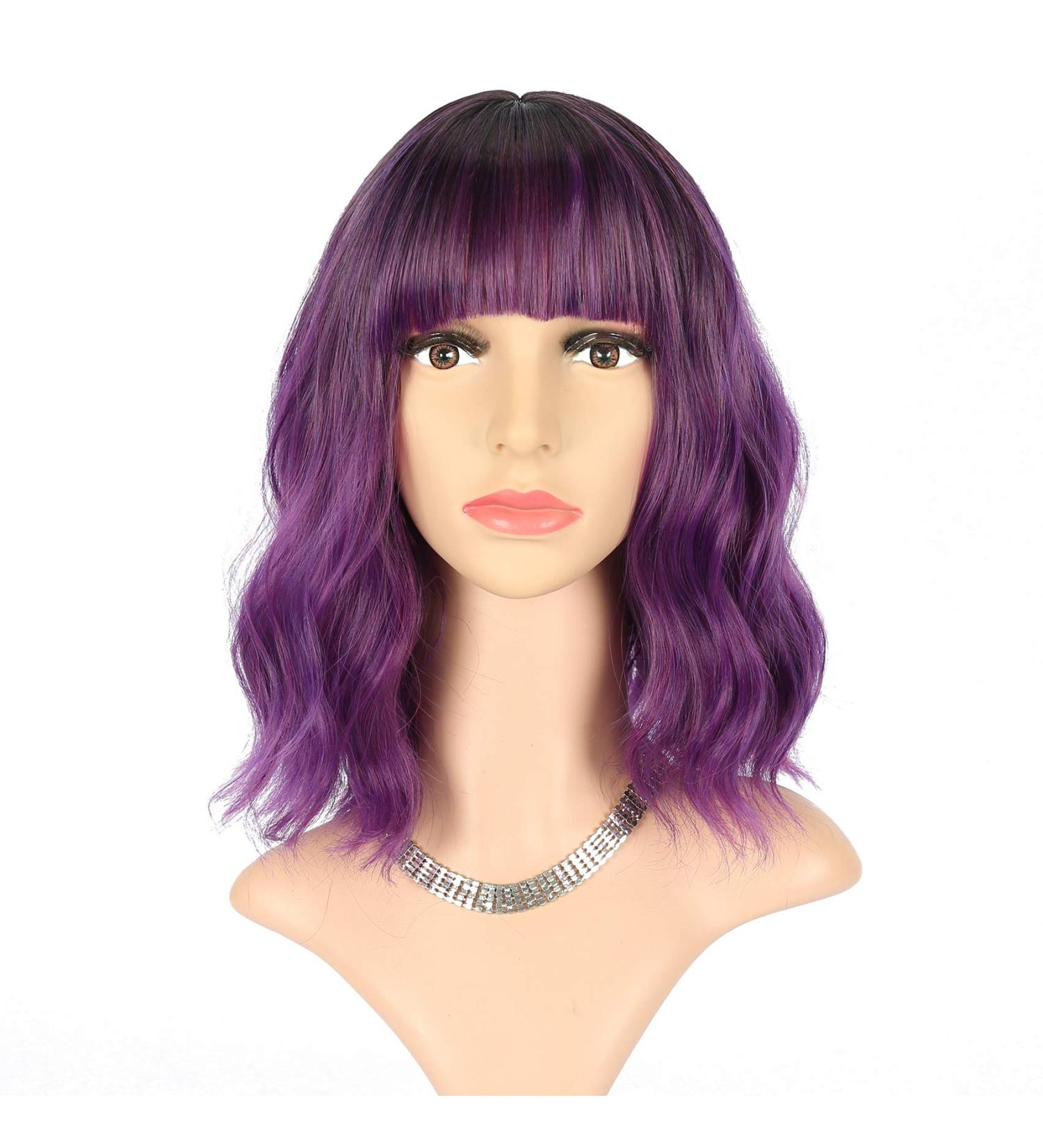 FAELBATY Short Purple Bob Wig with Bangs | Ombre Dark Purple Synthetic Cosplay Wig for Women - Buy Online on SooperMarket.com