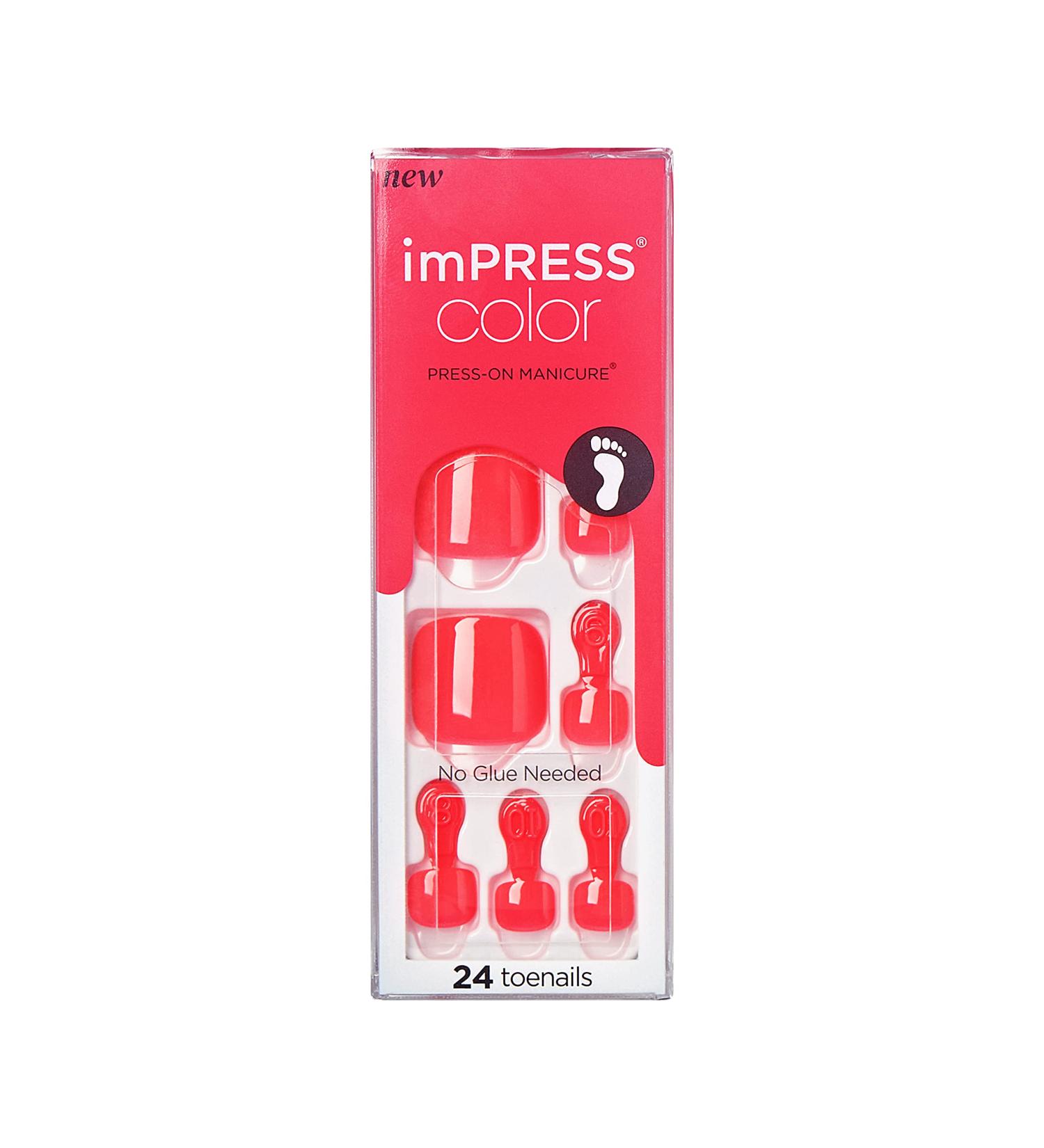 KISS imPRESS Fruity Candy Deep Red Pedicure Fake Toenails Kit | Square Shaped Press-On Nails with Prep Pad, Mini Nail File, Cuticle Stick | 24 Fake Nails - Buy Online on SooperMarket.com