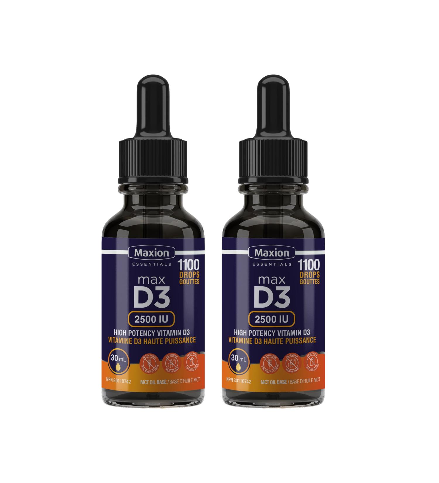 Maxion 2 Pack Vitamin D3 Liquid Drops 2500 IU 1100 Drops Helps with the Development of Bones and Teeth and to Support the Immune System No Preservatives Non-GMO Allergy-friendly 30 mL - Buy Online on SooperMarket.com