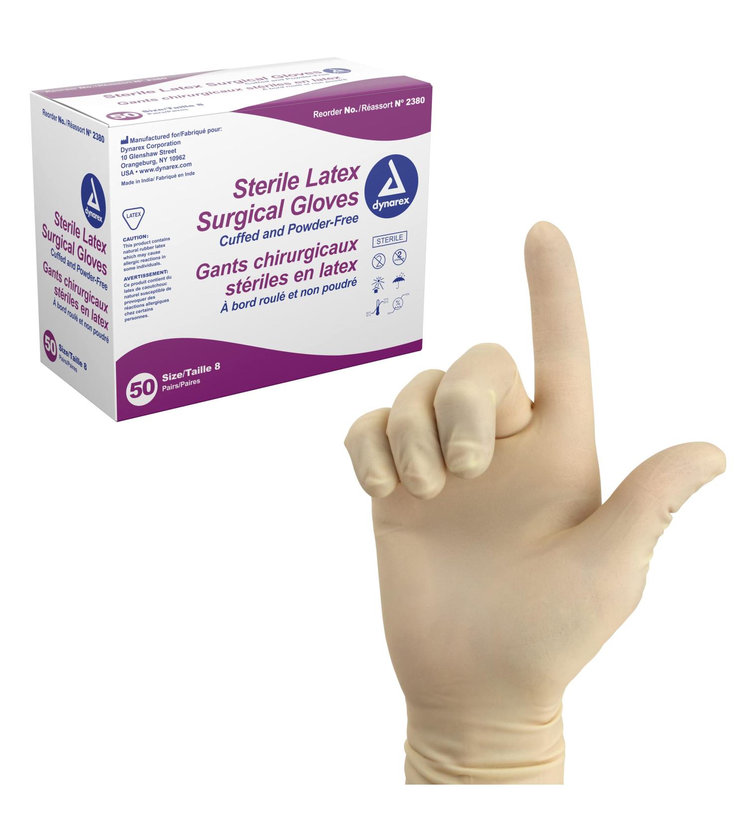 Dynarex Sterile Latex Surgical Gloves Size 8 - Powder-Free, Beaded Cuffs, Bisque - 50 Pairs - Superior Protection & Comfort for Sensitive Hands - Buy Online on SooperMarket.com