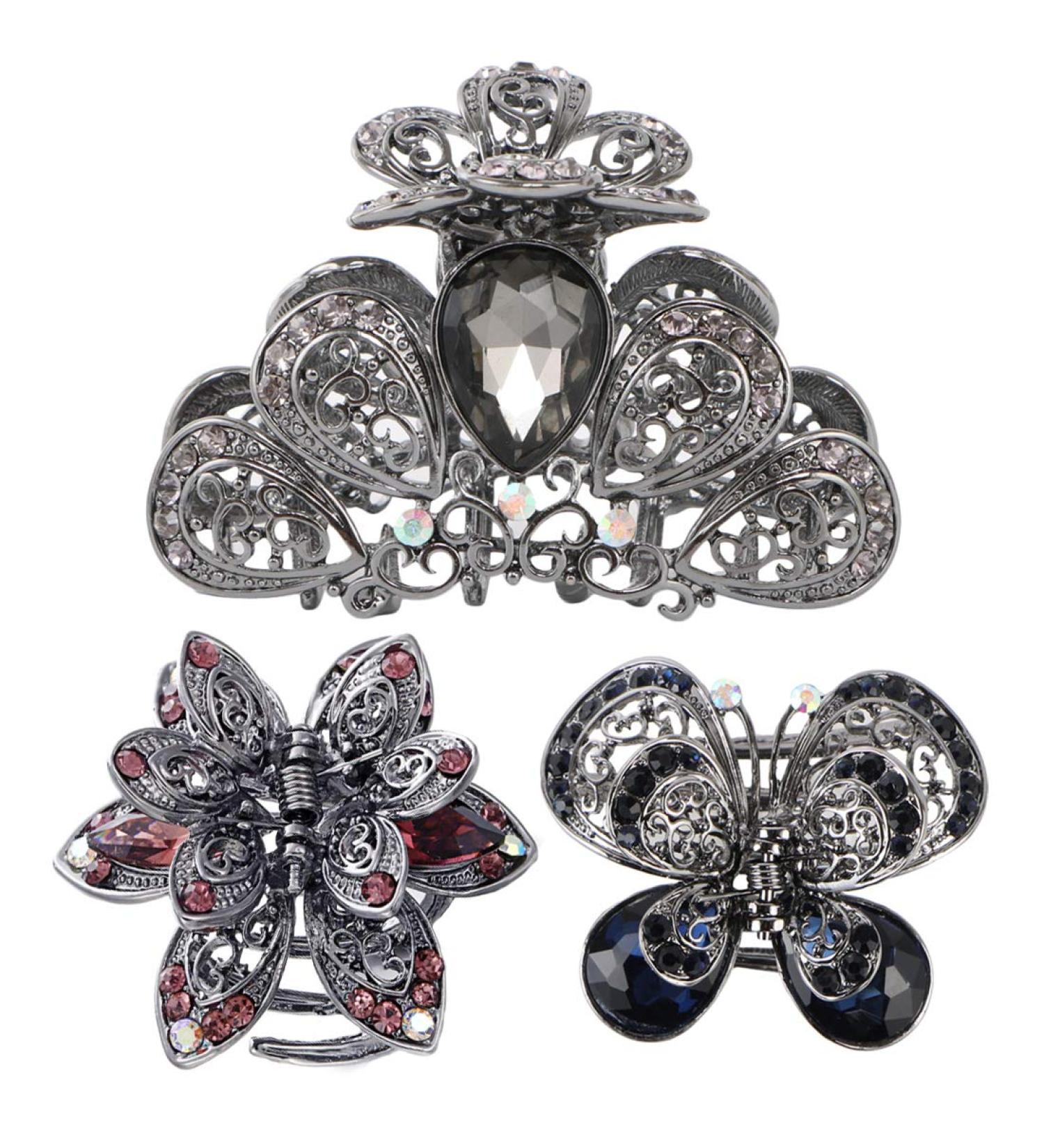 Kilofly 3pc Rhinestone Crystal Hair Clip Claw Barrettes Set for Women - 2 Small + 1 Medium - Buy Online on SooperMarket.com