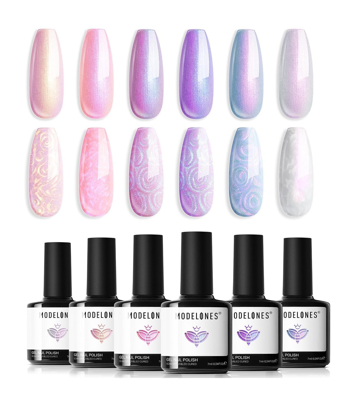 Modelones Gel Nail Polish 6 Colors Shimmer Pearl White Pink Purple Mermaid Nail Drawing Glitter Gel Polish Soak Off Led Summer Nail Gel Swirl Shell Thread Effect DIY Mani Gift with Dotting Pen Pearl Purple - Buy Online on SooperMarket.com