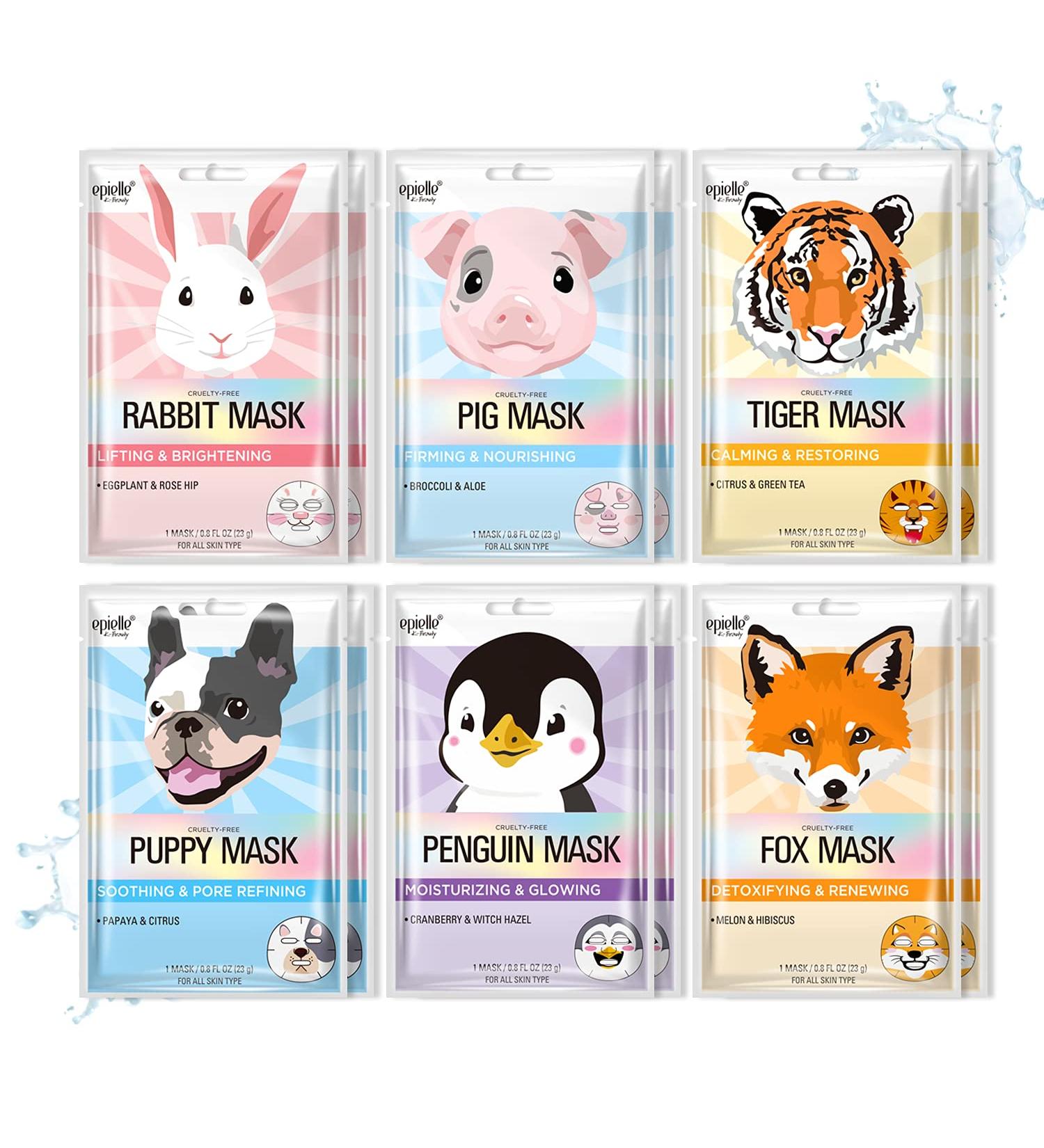 Epielle Character Sheet Masks - Animal Spa Korean Beauty Masks (Pack of 12) | Perfect Birthday Party Gift for Kids | Girls Night Spa Night | Assorted Characters - 12pk - Buy Online on SooperMarket.com