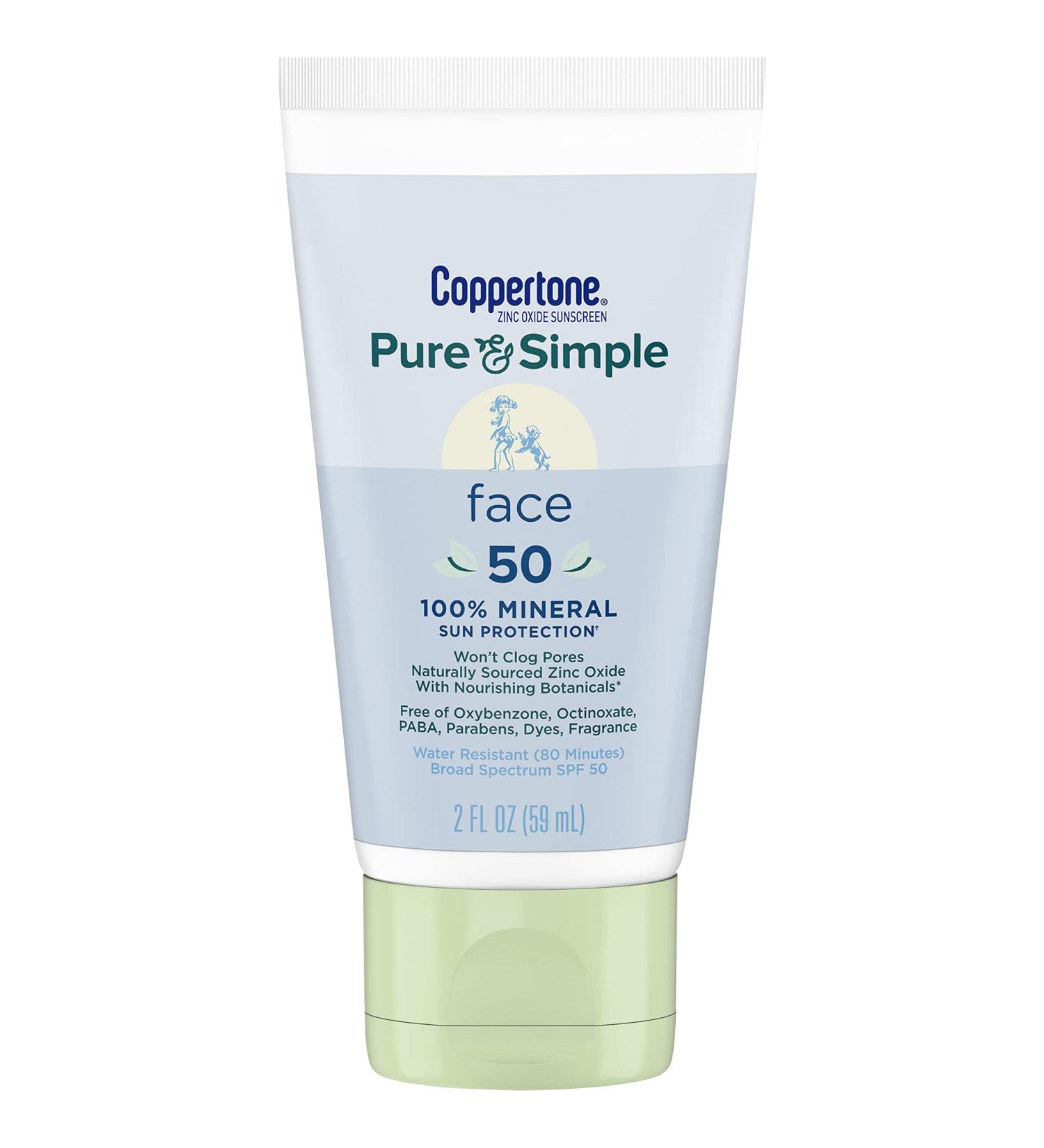 Coppertone Pure & Simple SPF 50 Face Sunscreen Lotion - Mineral Zinc Oxide Formula - Water Resistant - Hypoallergenic - 2oz Travel Size - Buy Online on SooperMarket.com