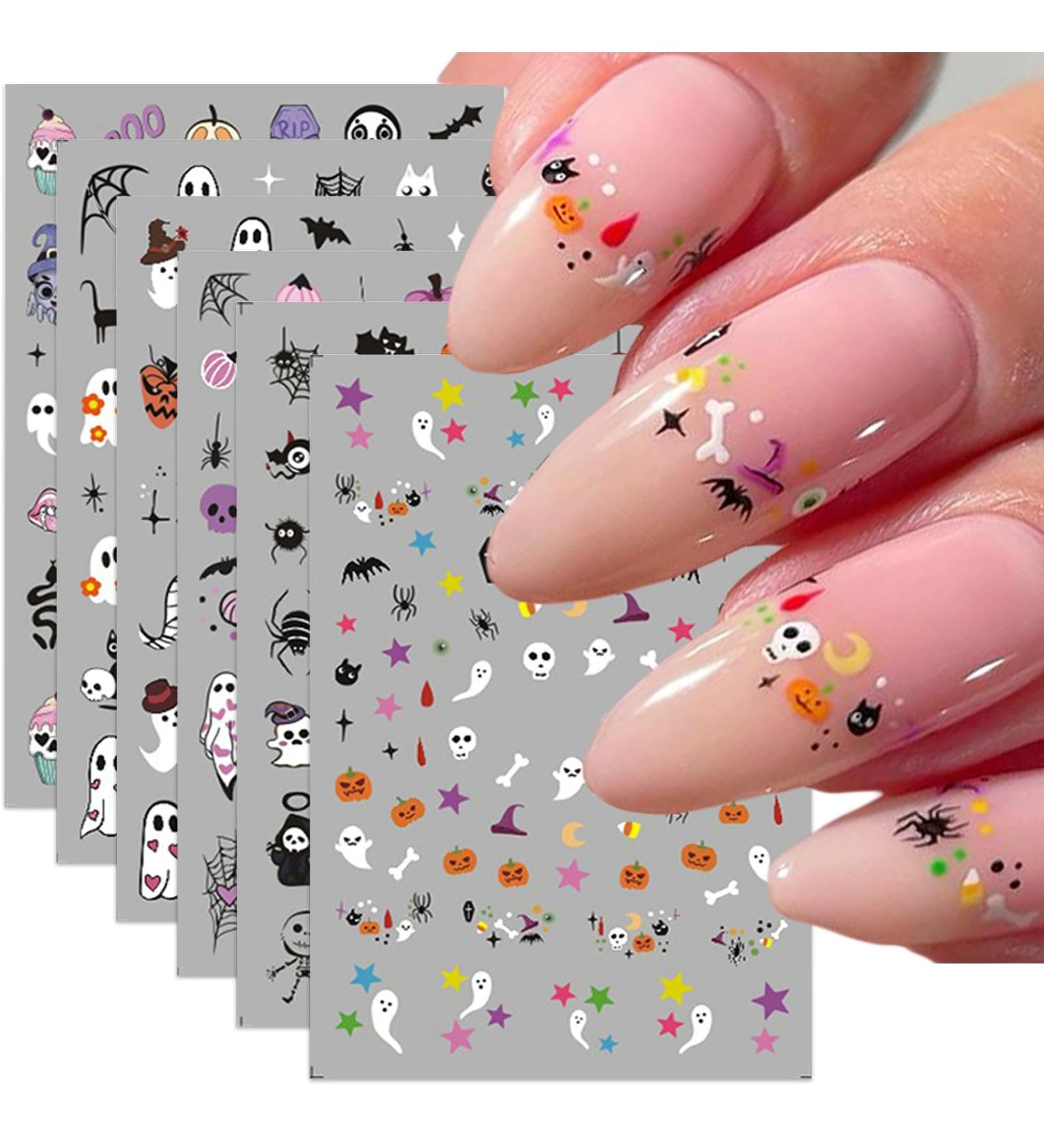 Halloween Nail Art Stickers - 6PCS Self-Adhesive Cute Decals | Bat Pumpkin Spider & Ghost Designs for Women & Girls - DIY Decoration Supplies - Buy Online on SooperMarket.com