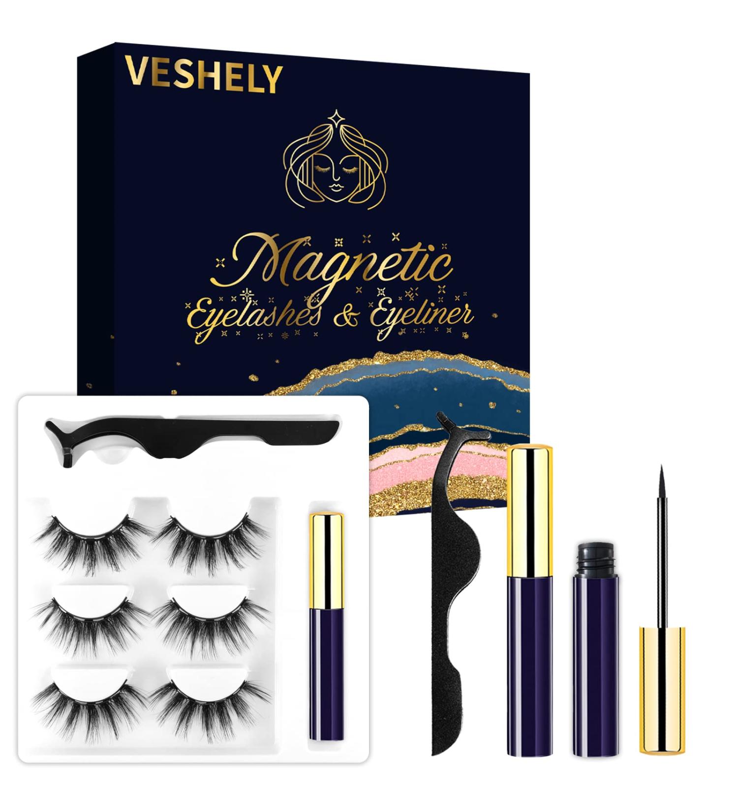 VESHELY Mink Magnetic Eyelashes Kit - 3 Pairs Reusable 3D5D Faux Lashes with Eyeliner | No Glue Needed - Buy Online on SooperMarket.com
