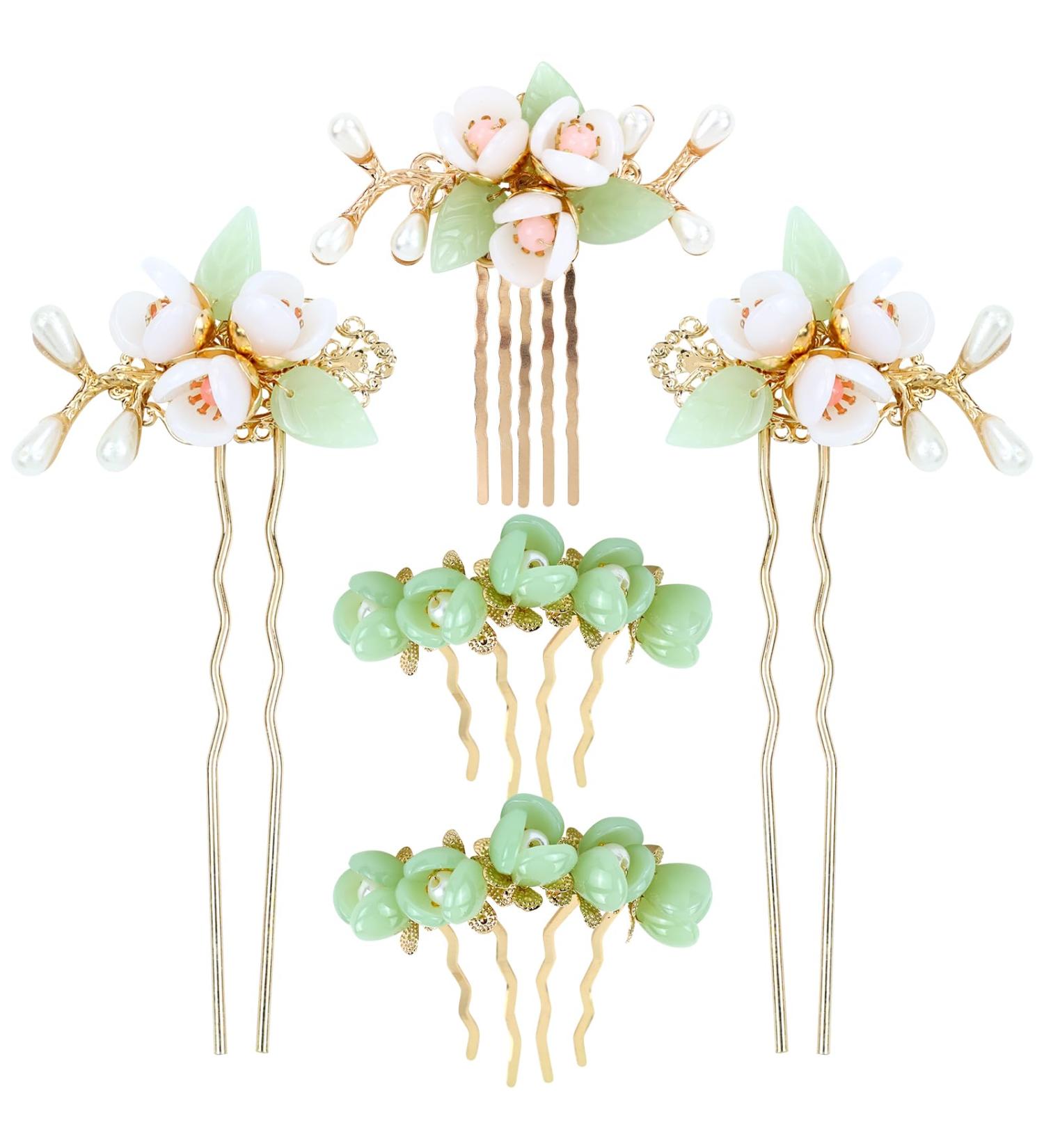 Vintage Asian Chinese Hanfu Pearl Green Jade Hair Combs & Pins Set | Hair Accessories for Women & Girls - Buy Online on SooperMarket.com