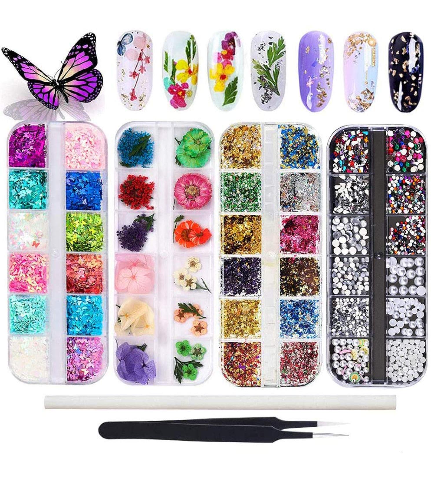 Kalolary Nail Art Kit with Butterfly Sequins, Dried Flowers, Foil, Shavings, Rhinestones, Tweezers, and Picker Pencil - DIY Female Nail Decoration - Buy Online on SooperMarket.com