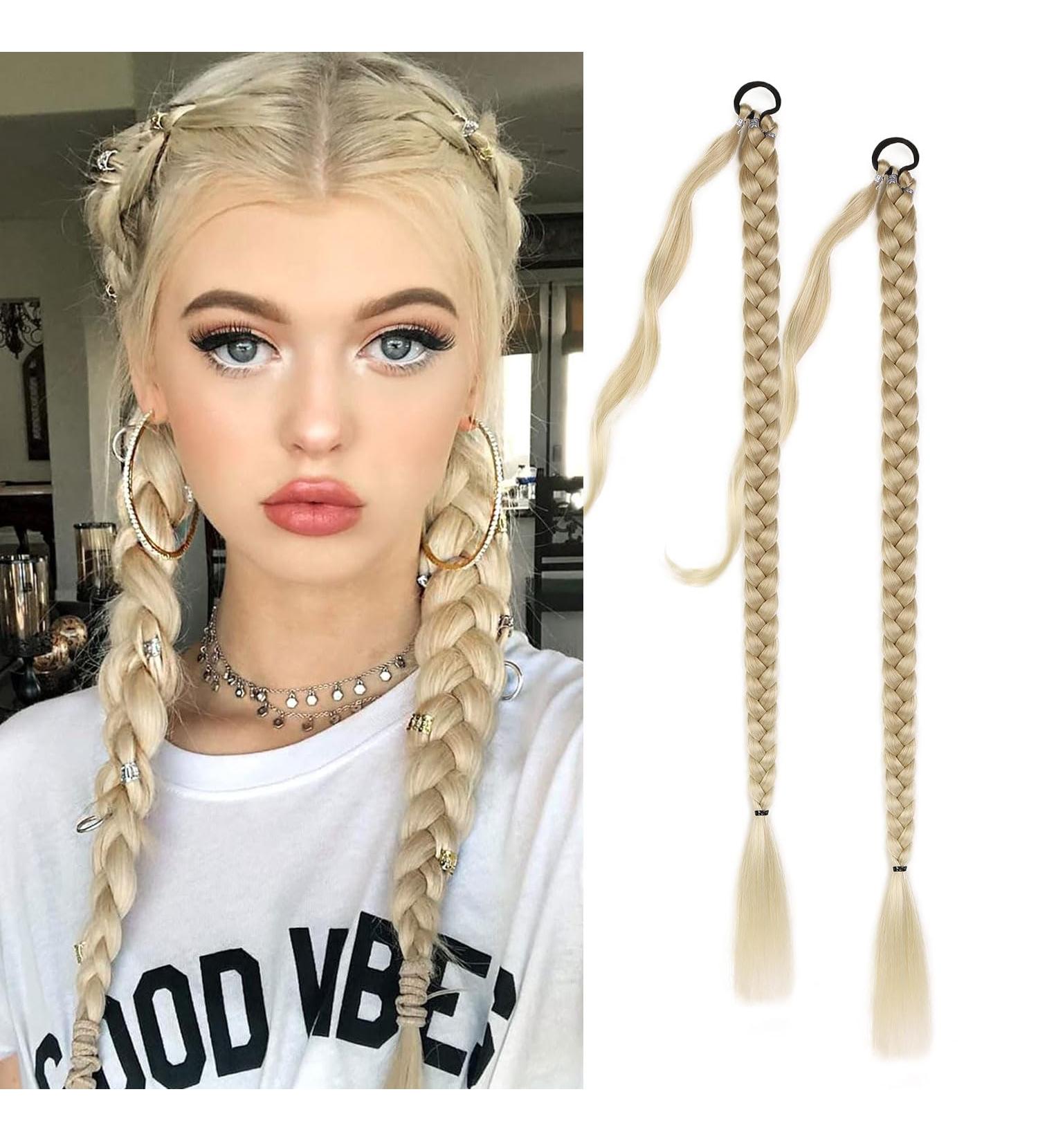 Fulang Hair 2pcs Braid Ponytail Extension - Faded Gold Braided Hair Tie for Long Ponytail Art - Ideal for Women - Buy Online on SooperMarket.com