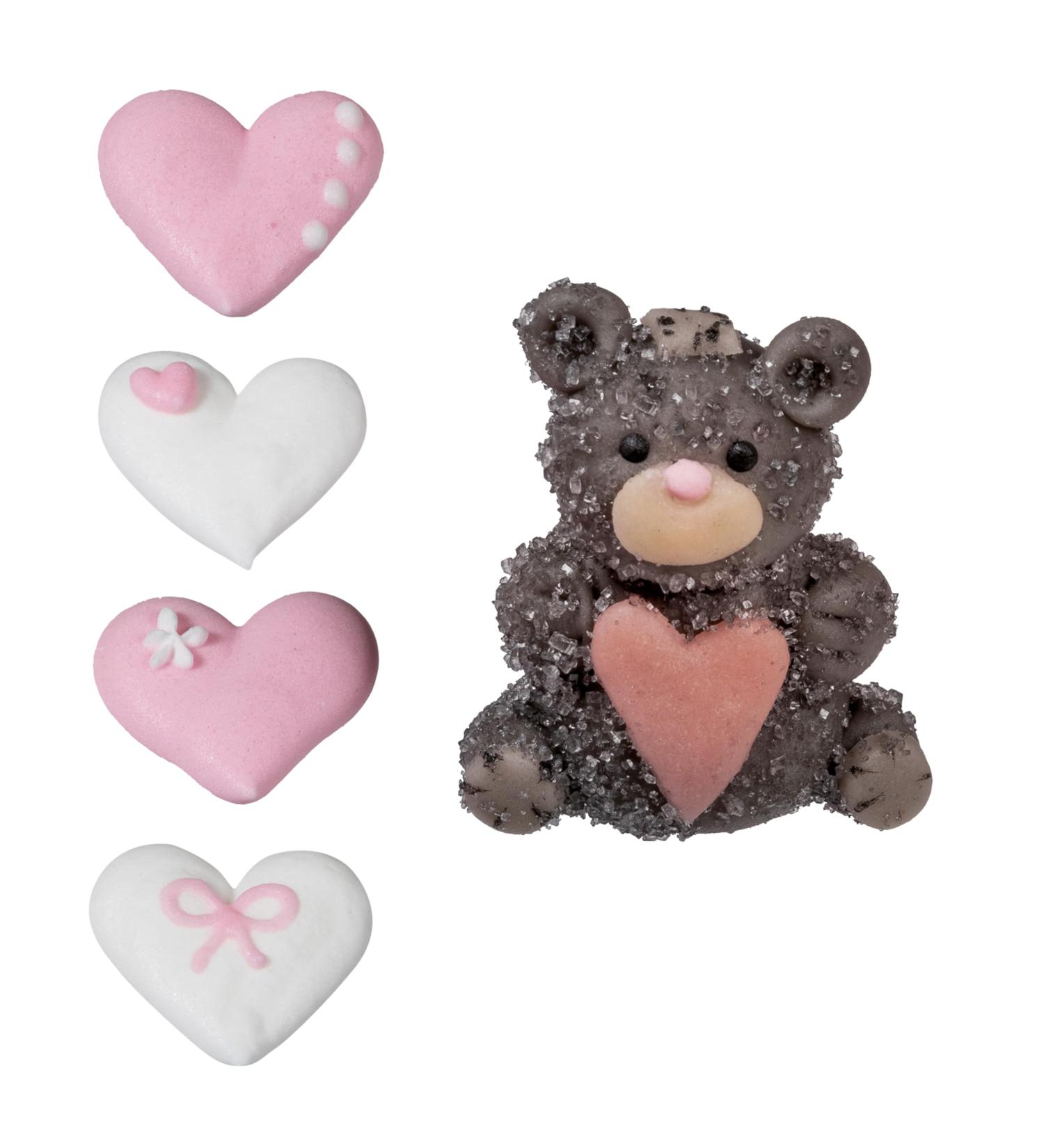 Baking Decorations 3D Baby Set in Pink Pack of 5 Heart Motifs & a Bear Sugar Figure as Sugar Decoration for Baking Cupcakes & Muffins Ideal for Baby Showers & Gender Reveal Parties - Buy Online on SooperMarket.com