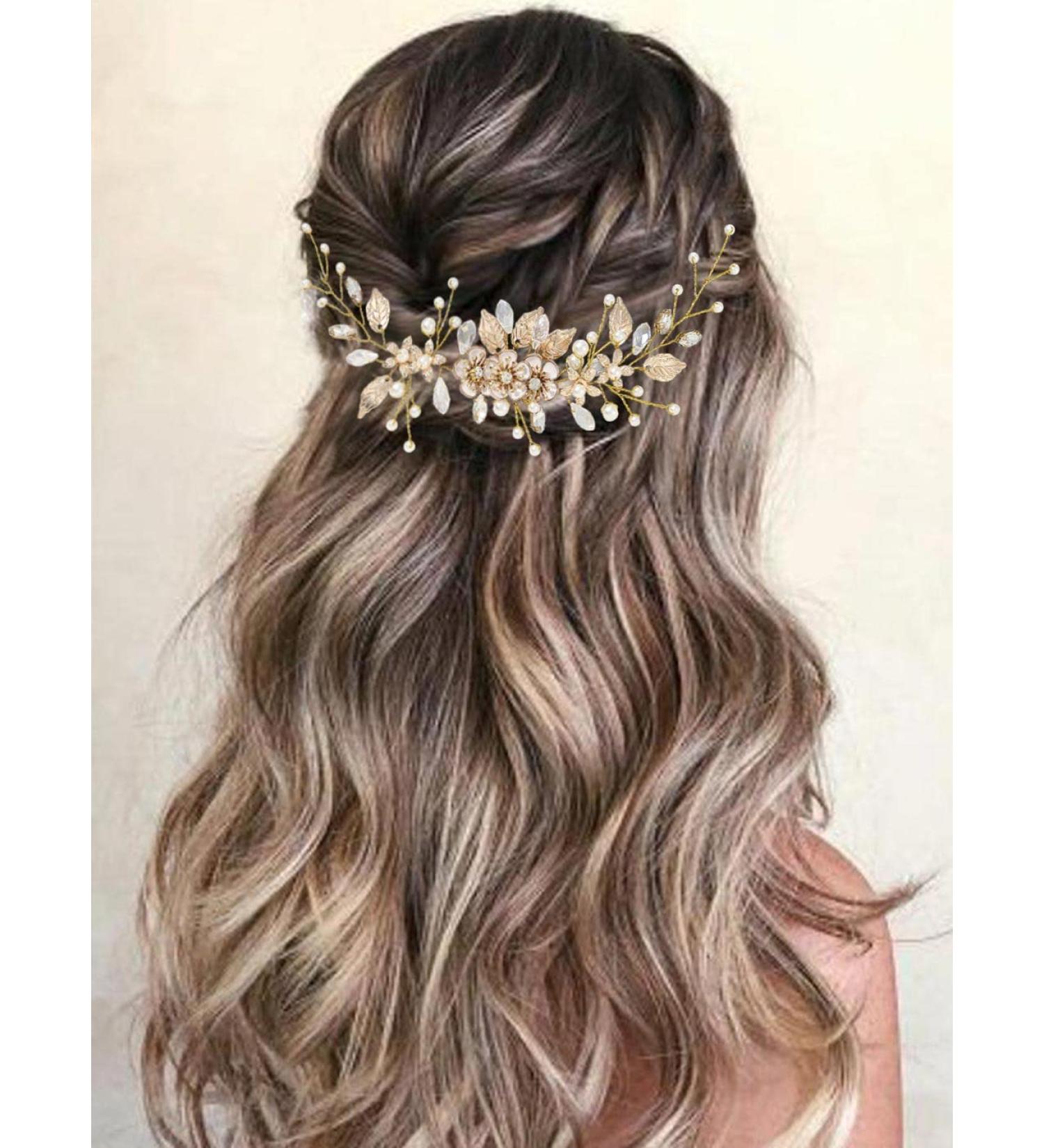 Bridal Flower Hair Vine Headpiece with Pearls - Gorais Bride Wedding Hair Accessories (B-Gold) - Buy Online on SooperMarket.com