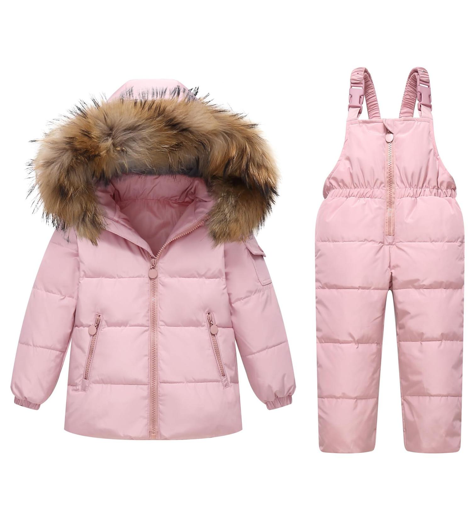 Kids Winter Puffer Jacket and Snow Bib Pants 2-Piece Snowsuit Set | Hooded Down Coat & Snow Pants Outfits | 4-5 Years - Pink - Buy Online on SooperMarket.com
