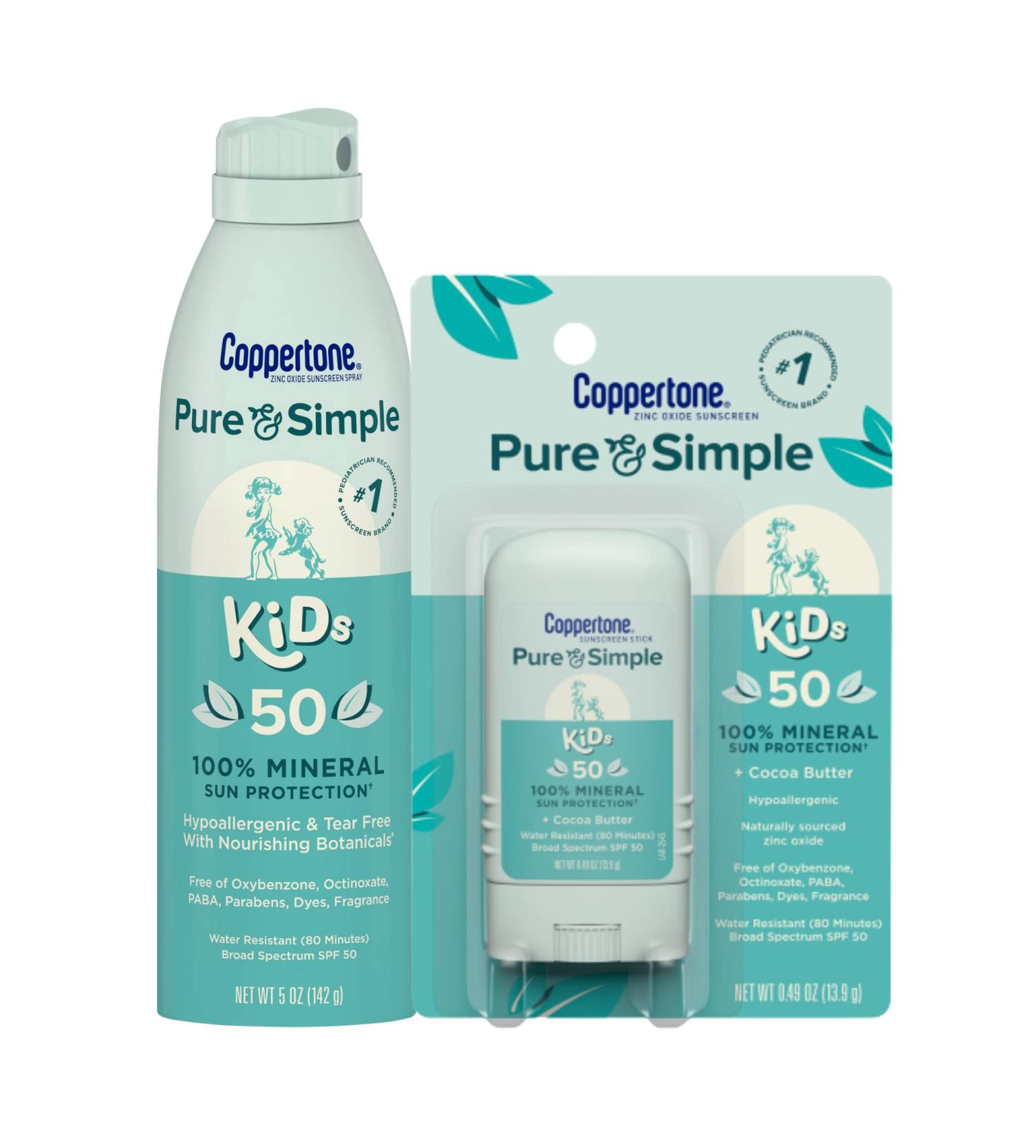 Coppertone Pure & Simple Kids Sunscreen SPF 50 Multi Pack - Zinc Oxide Mineral Sunscreen Spray & Stick for Face - 5oz + 0.49oz - Buy Online on SooperMarket.com