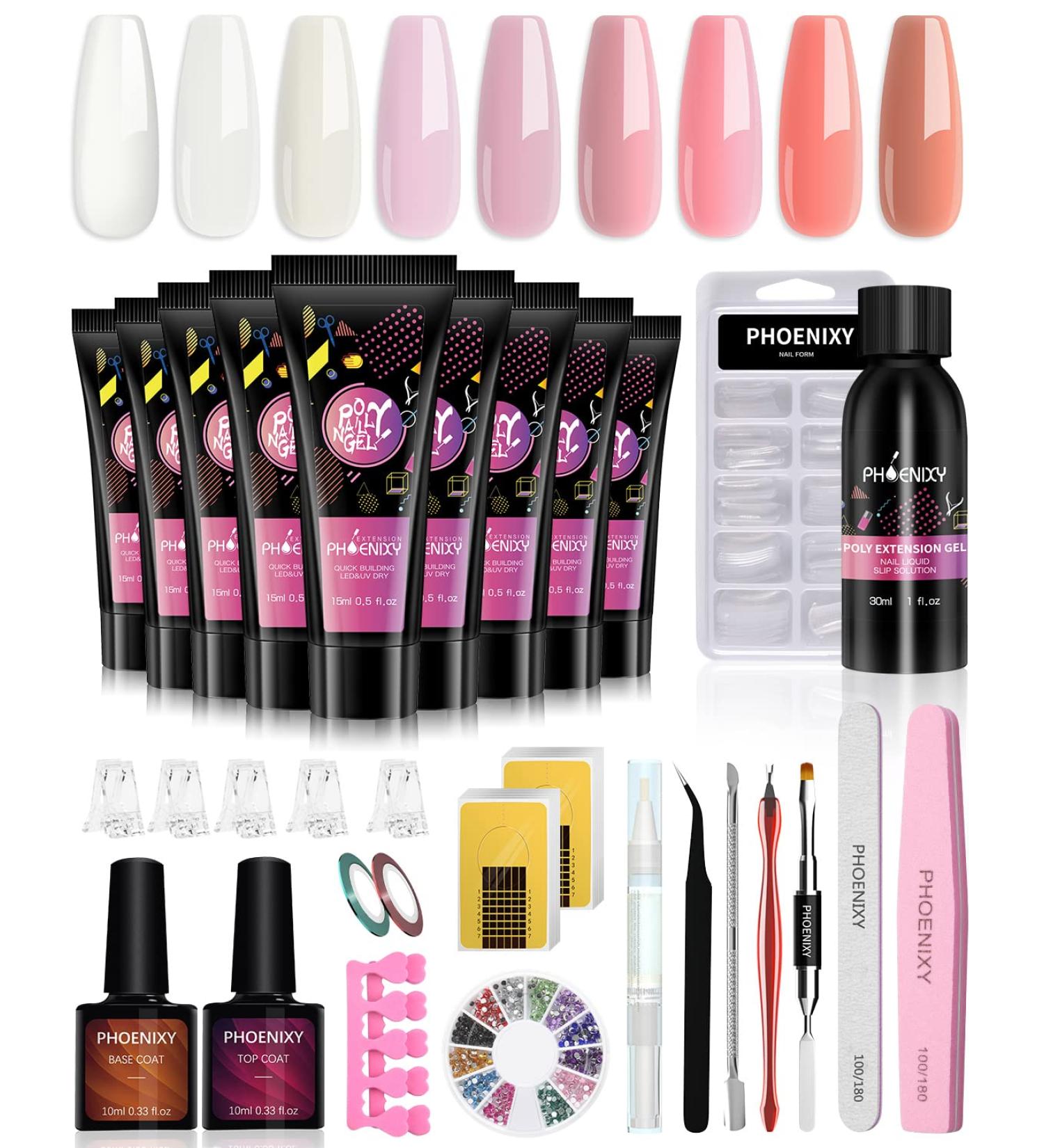 Phoenixy 9-Color Poly Nail Gel Kit - Nail Extension Starter Set with Manicure Tools | Perfect Gift for Women - Buy Online on SooperMarket.com